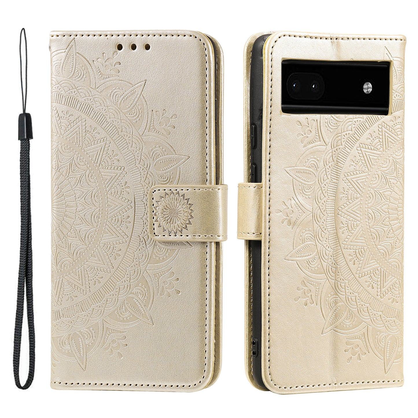 For Google Pixel 7a Imprinted Mandala Flower Phone Case PU Leather Wallet Stand Magnetic Clasp Cover with Strap