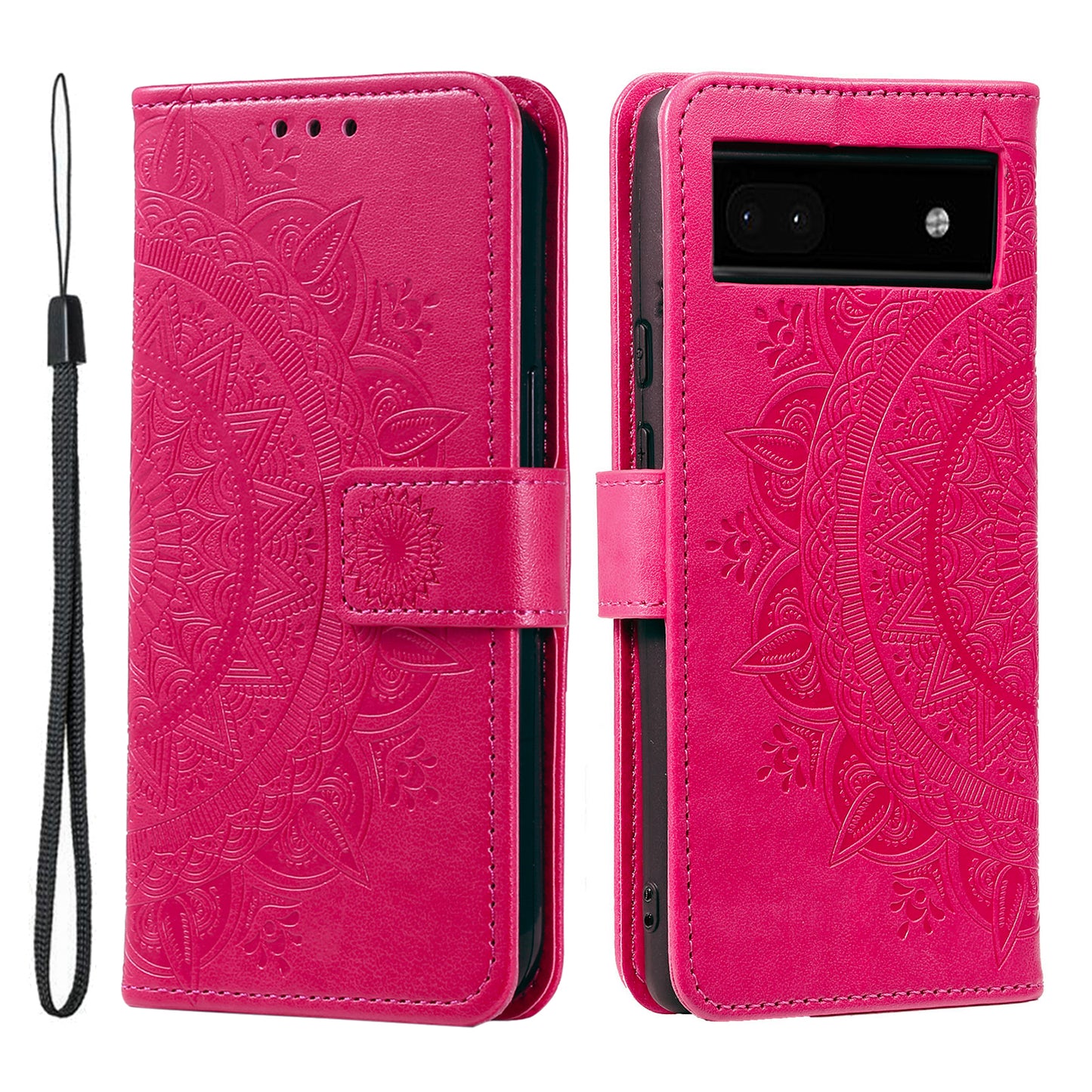 For Google Pixel 7a Imprinted Mandala Flower Phone Case PU Leather Wallet Stand Magnetic Clasp Cover with Strap