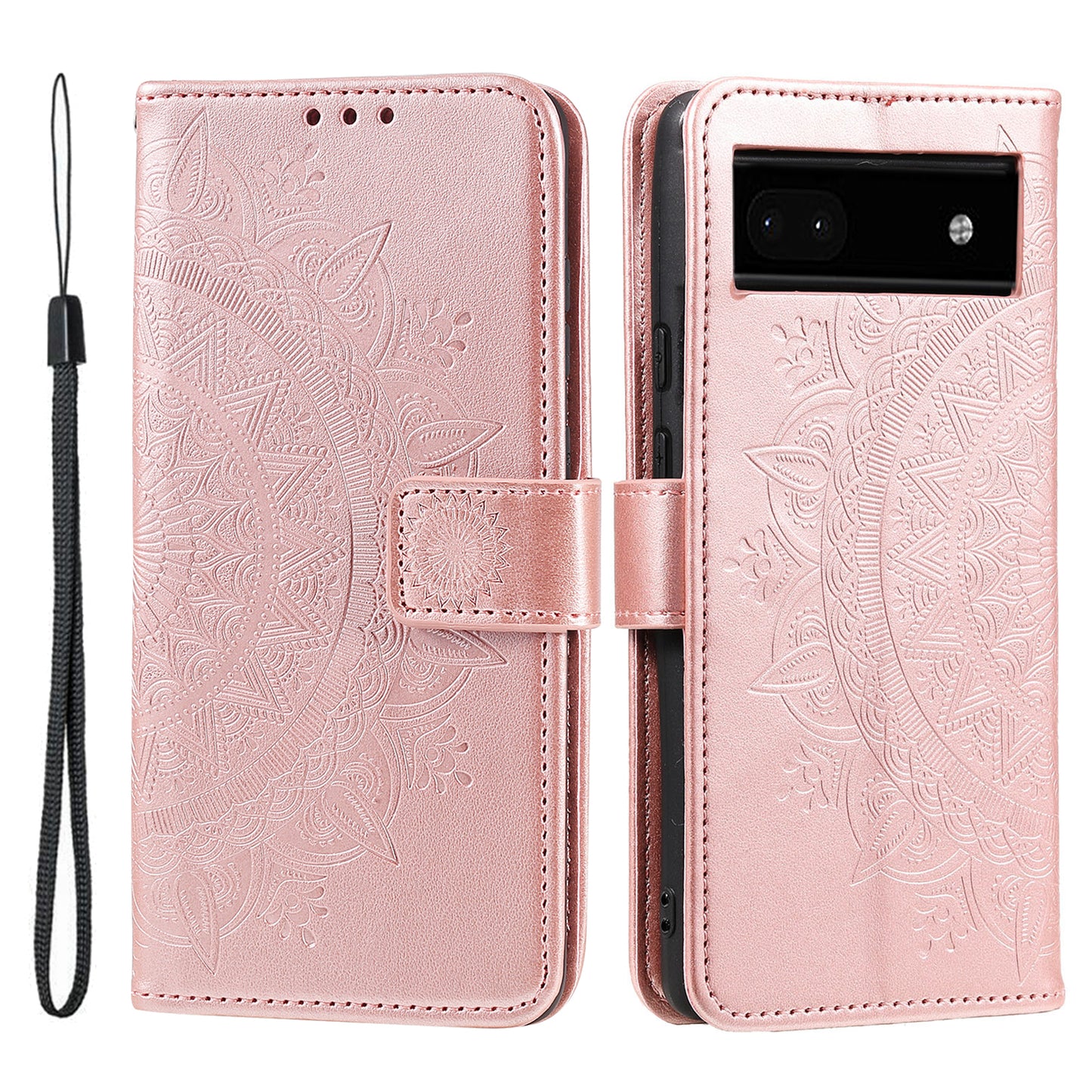 For Google Pixel 7a Imprinted Mandala Flower Phone Case PU Leather Wallet Stand Magnetic Clasp Cover with Strap