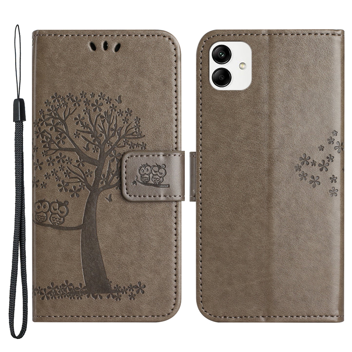 For Samsung Galaxy A04e 4G Imprinted Owl Tree Pattern Anti-scratch PU Leather Wallet Viewing Stand Anti-fingerprint Protective Case