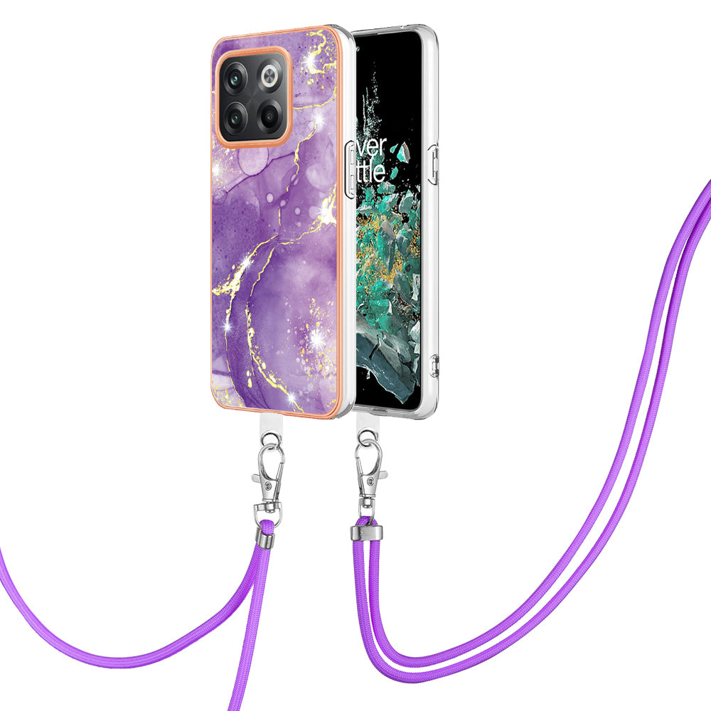 For OnePlus 10T 5G / Ace Pro 5G YB IMD Series-9 Marble Pattern Scratch-Resistant Case Electroplating Frame Soft TPU IMD Phone Cover with Lanyard
