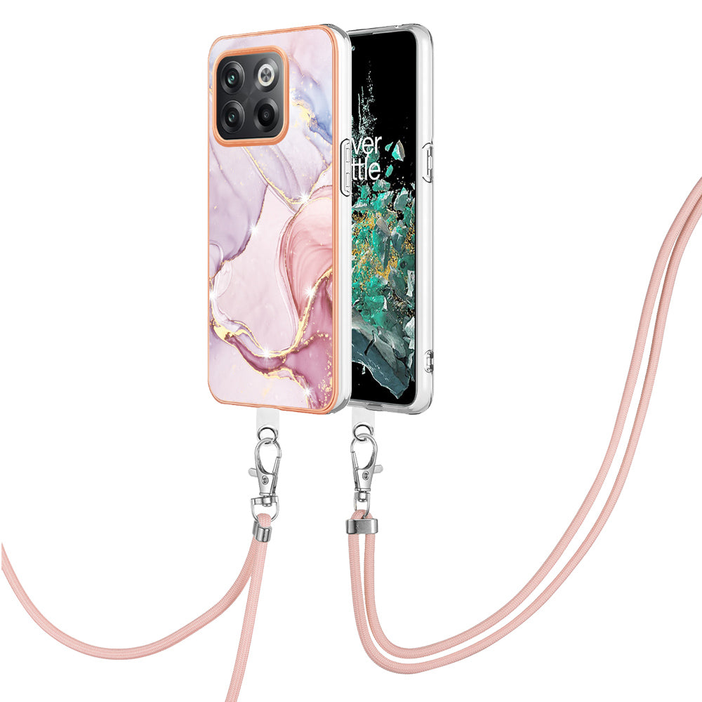 For OnePlus 10T 5G / Ace Pro 5G YB IMD Series-9 Marble Pattern Scratch-Resistant Case Electroplating Frame Soft TPU IMD Phone Cover with Lanyard