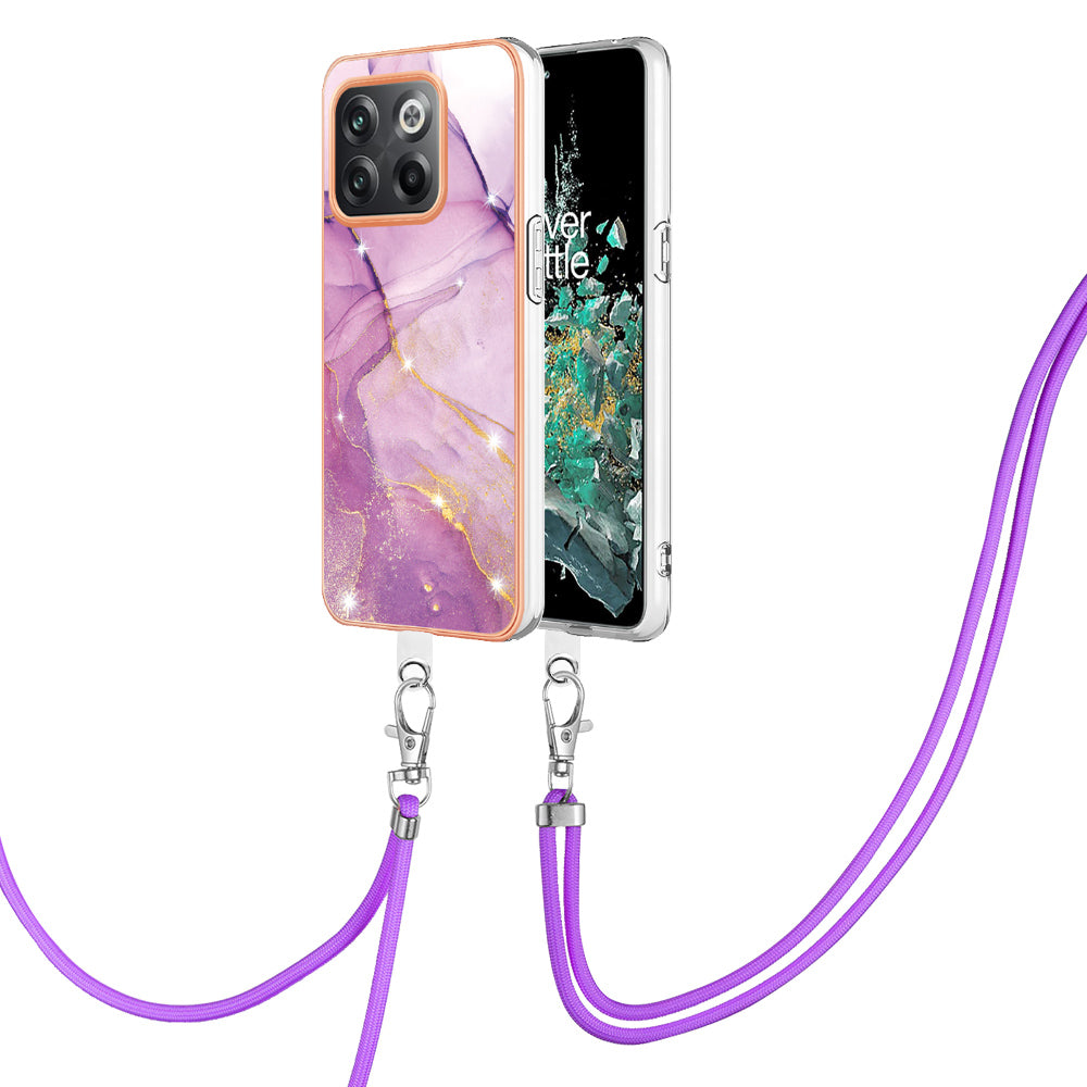 For OnePlus 10T 5G / Ace Pro 5G YB IMD Series-9 Marble Pattern Scratch-Resistant Case Electroplating Frame Soft TPU IMD Phone Cover with Lanyard