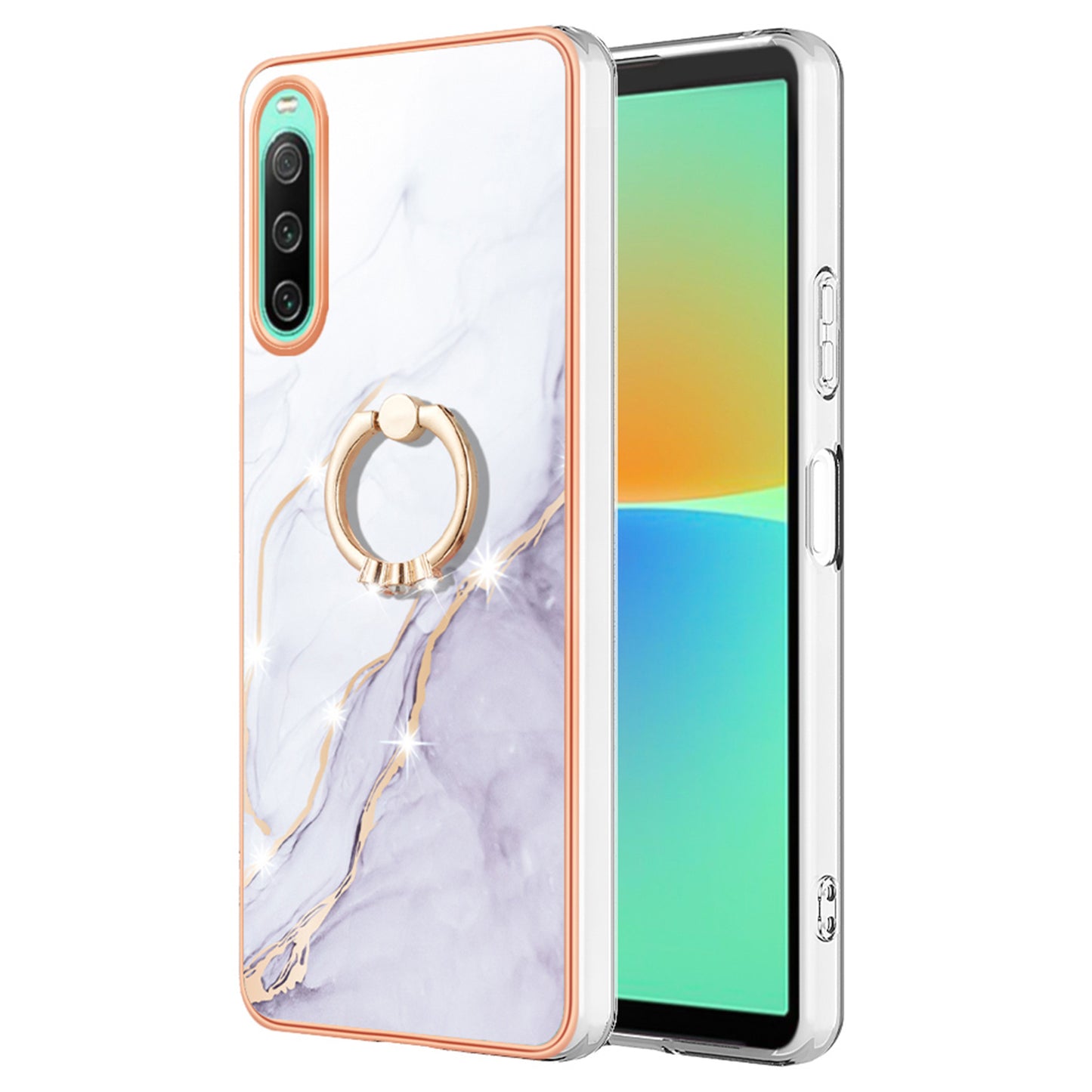 For Sony Xperia 10 IV 5G YB IMD Series-10 Ring Kickstand IMD Marble Pattern Phone Case Electroplating Frame TPU Anti-drop Cover