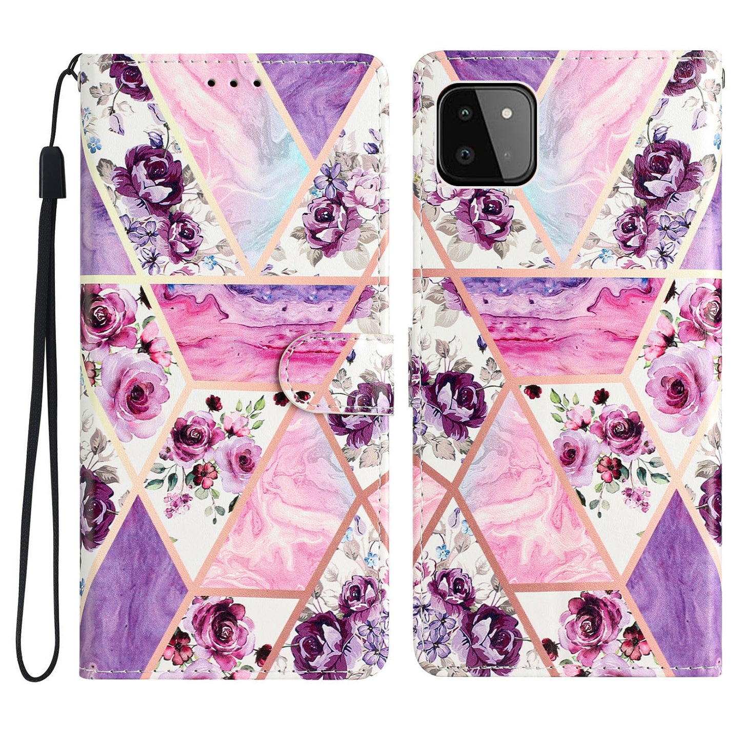 For Samsung Galaxy A22 5G (EU Version) PU Leather Magnetic Closure Pattern Printing Phone Case Stand Function Wallet Style Flip Cover with Strap