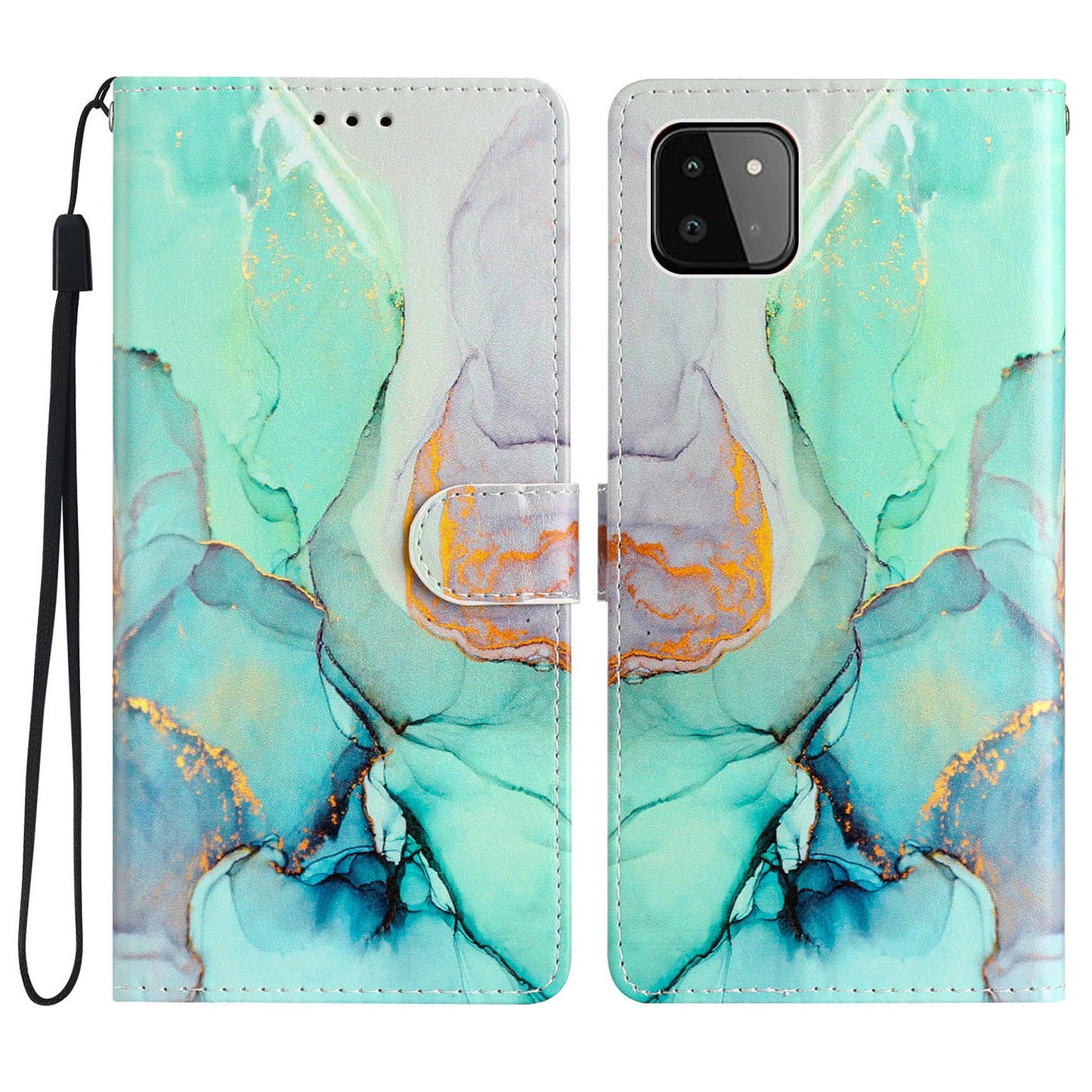 For Samsung Galaxy A22 5G (EU Version) PU Leather Magnetic Closure Pattern Printing Phone Case Stand Function Wallet Style Flip Cover with Strap