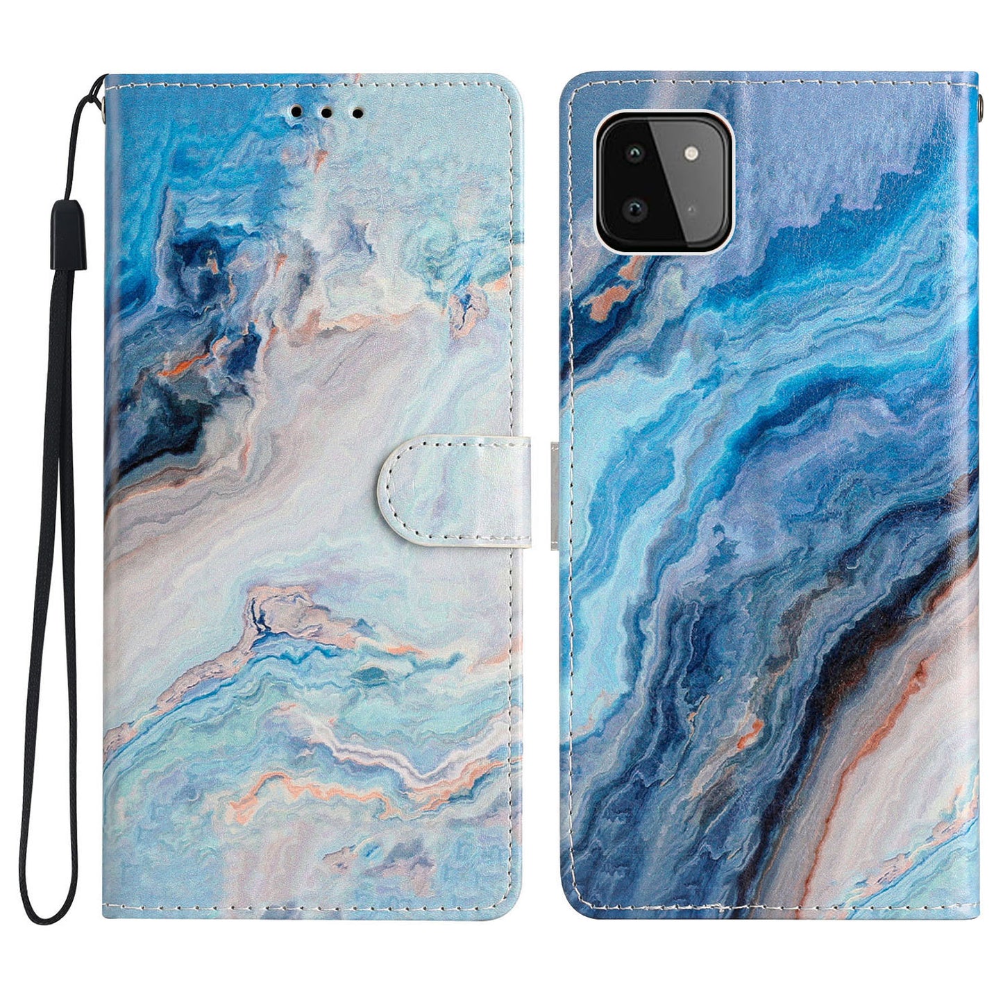 For Samsung Galaxy A22 5G (EU Version) PU Leather Magnetic Closure Pattern Printing Phone Case Stand Function Wallet Style Flip Cover with Strap