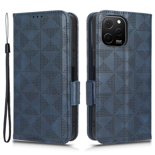 For Huawei nova Y61 4G PU Leather Stand Case Imprinted Triangle Pattern Magnetic Clasp Phone Wallet Cover with Hand Strap