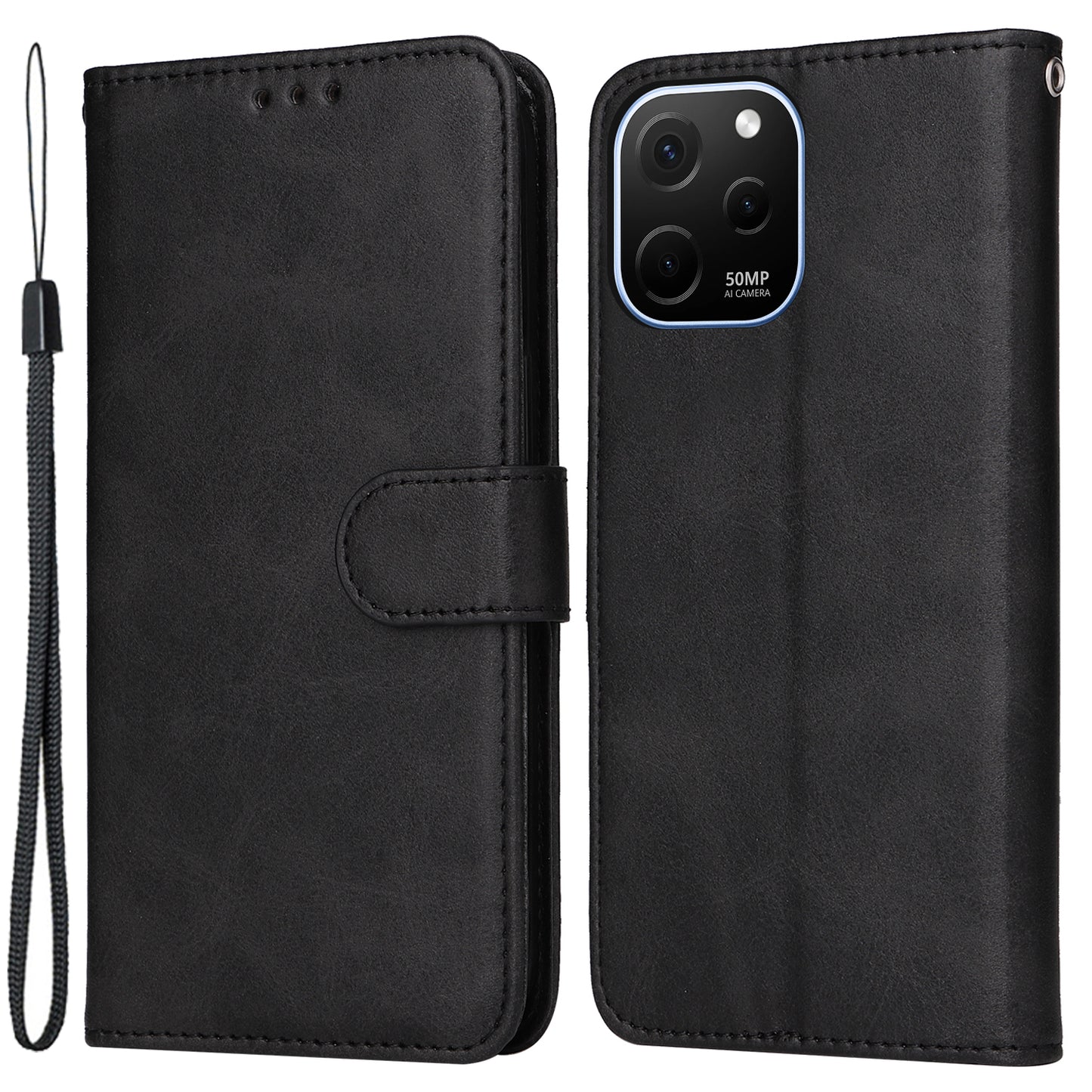 For Huawei nova Y61 4G PU Leather Wallet Anti-scratch Phone Case Calf Texture Magnetic Flip Stand Shockproof Cell Phone Cover with Strap