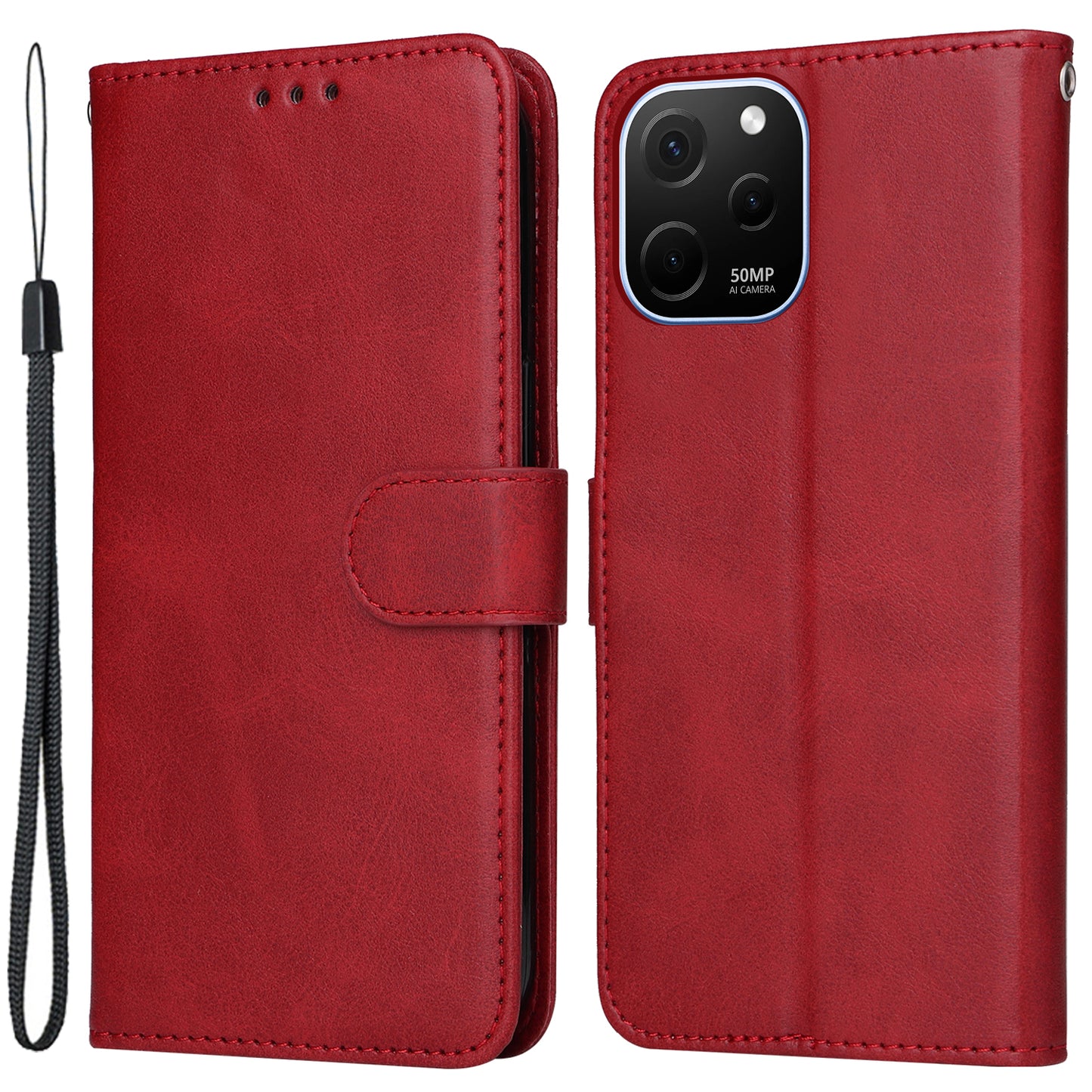 For Huawei nova Y61 4G PU Leather Wallet Anti-scratch Phone Case Calf Texture Magnetic Flip Stand Shockproof Cell Phone Cover with Strap