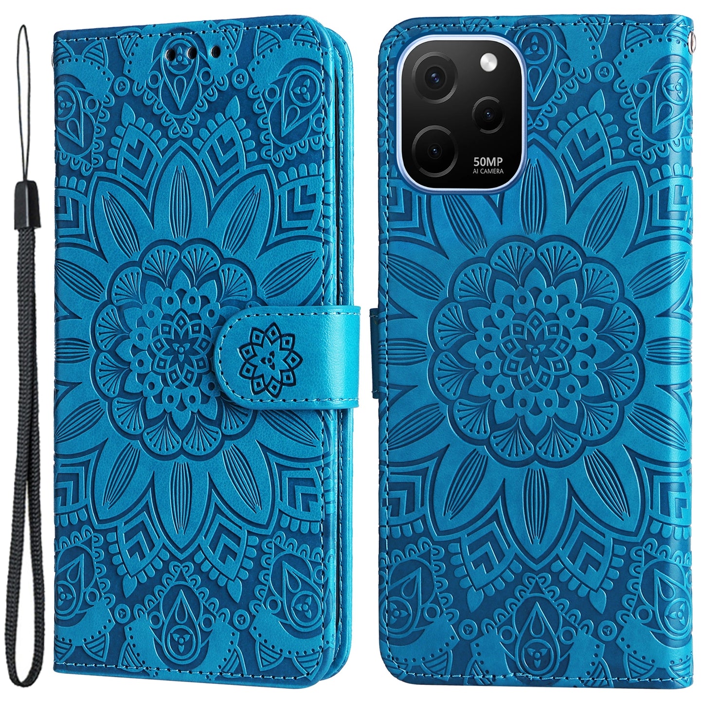 For Huawei nova Y61 4G Drop-proof PU Leather Sunflower Imprinted Phone Case Stand Magnetic Closure Anti-scratch Phone Cover with Hand Strap