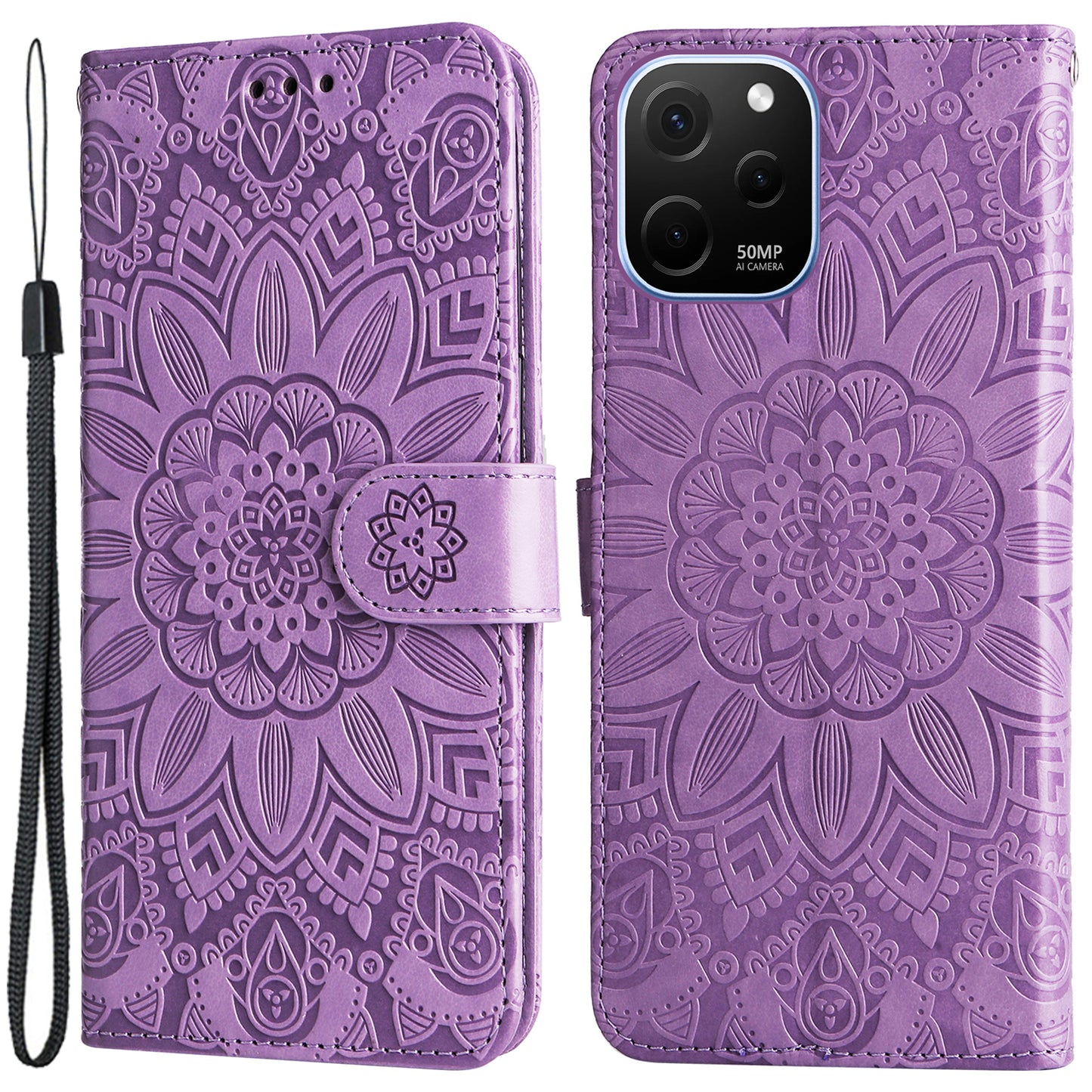 For Huawei nova Y61 4G Drop-proof PU Leather Sunflower Imprinted Phone Case Stand Magnetic Closure Anti-scratch Phone Cover with Hand Strap