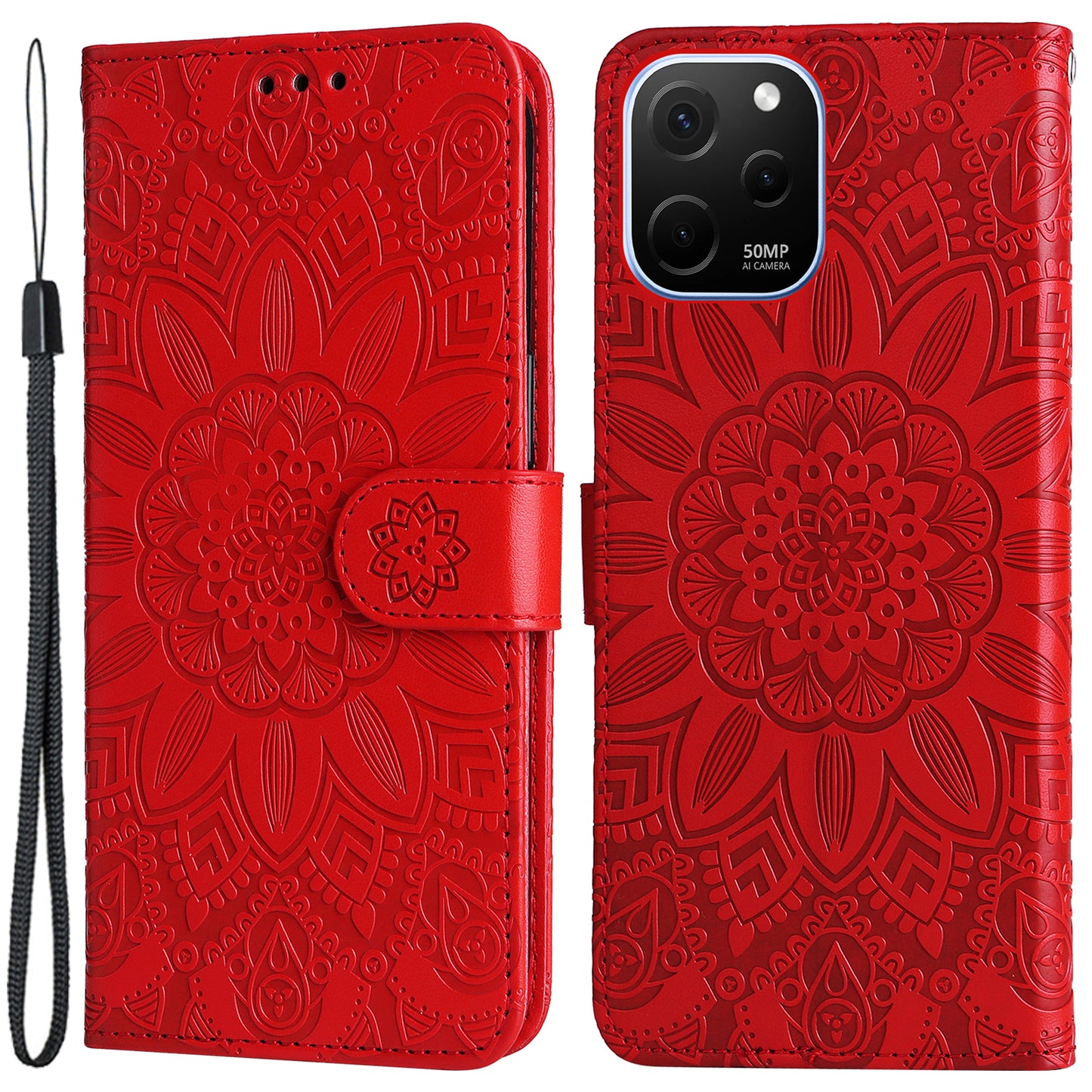 For Huawei nova Y61 4G Drop-proof PU Leather Sunflower Imprinted Phone Case Stand Magnetic Closure Anti-scratch Phone Cover with Hand Strap