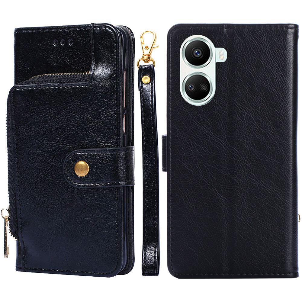 For Huawei nova 10 SE 4G Zipper Pocket Phone Stand Case PU Leather + TPU Wallet Protective Cover with Handy Strap