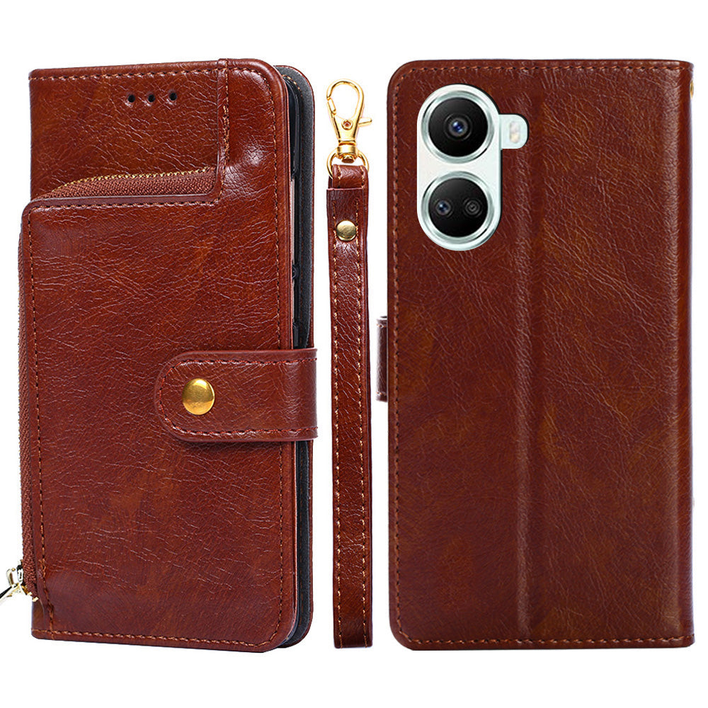 For Huawei nova 10 SE 4G Zipper Pocket Phone Stand Case PU Leather + TPU Wallet Protective Cover with Handy Strap
