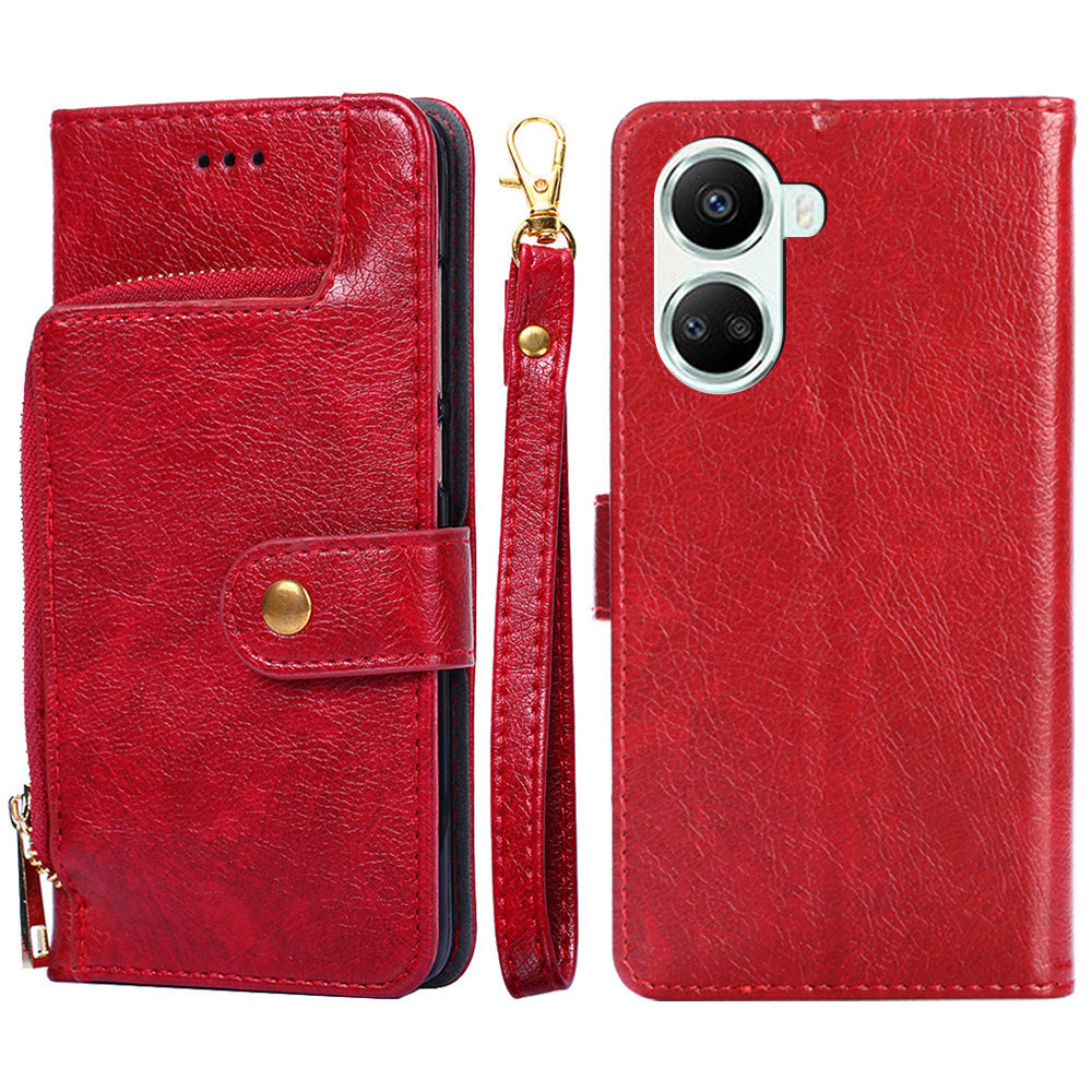 For Huawei nova 10 SE 4G Zipper Pocket Phone Stand Case PU Leather + TPU Wallet Protective Cover with Handy Strap