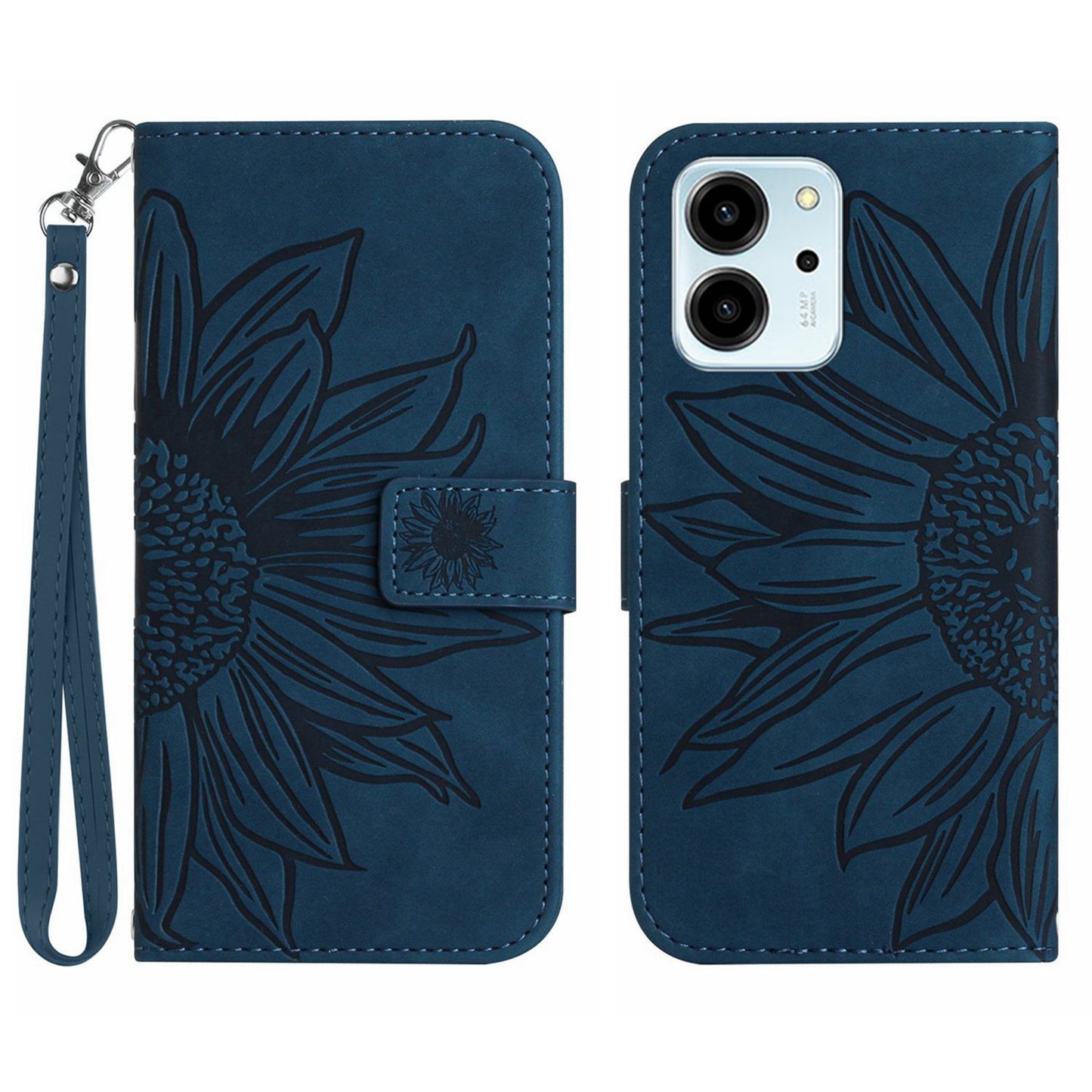 For Honor 80 SE 5G HT04 Sunflower Imprinted Flip Phone Case Skin-Touch PU Leather Stand Anti-scratch Cell Phone Wallet Cover with Hand Strap