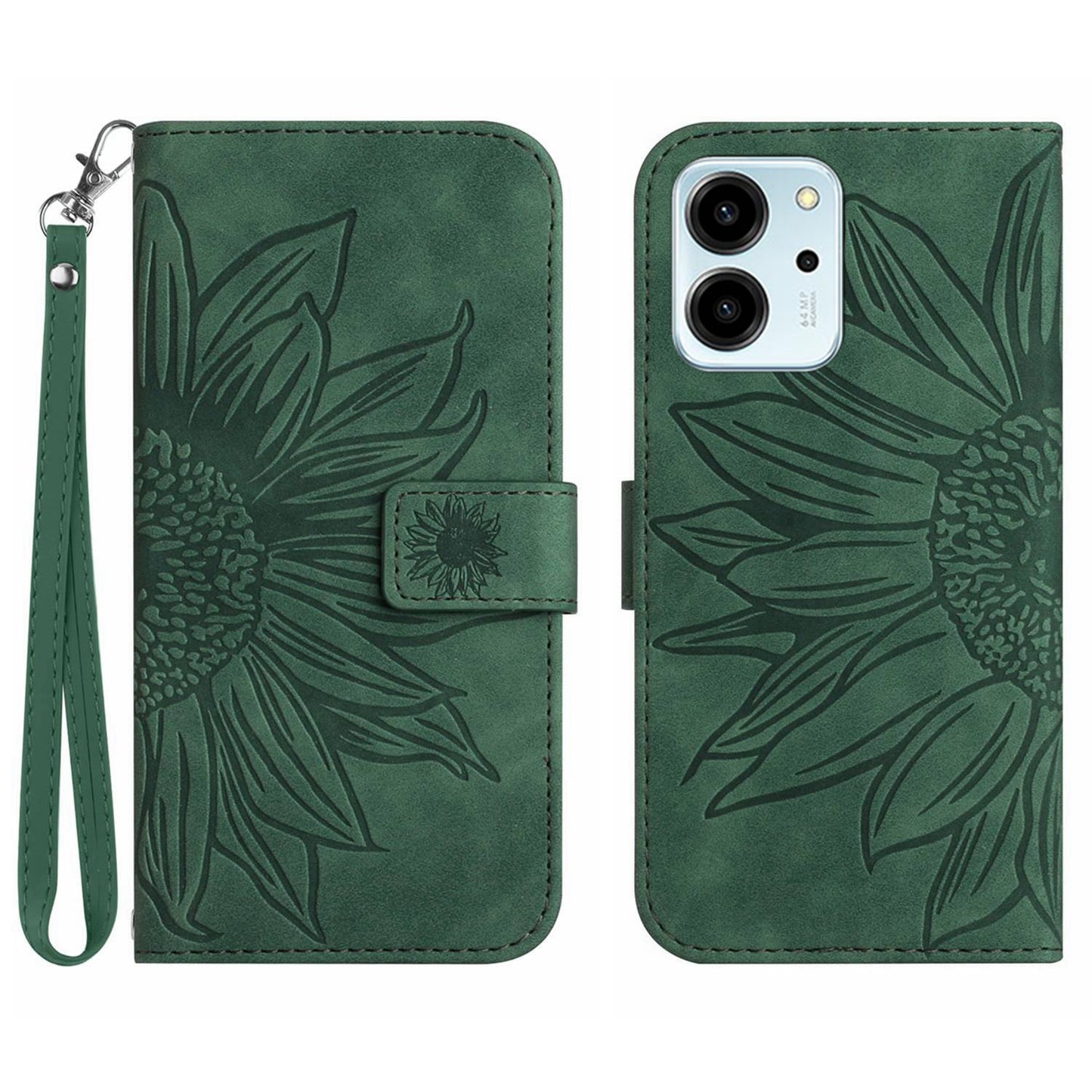 For Honor 80 SE 5G HT04 Sunflower Imprinted Flip Phone Case Skin-Touch PU Leather Stand Anti-scratch Cell Phone Wallet Cover with Hand Strap