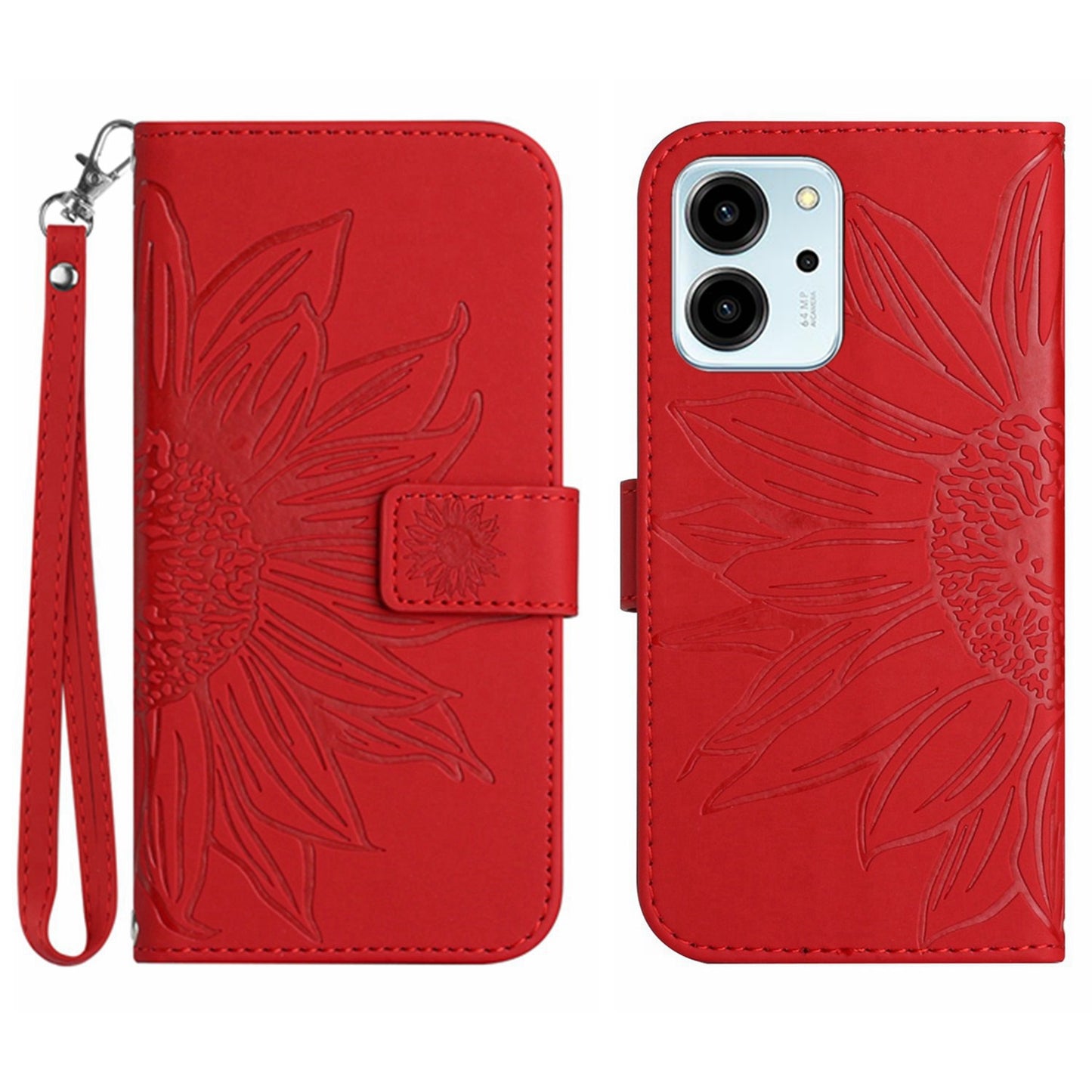 For Honor 80 SE 5G HT04 Sunflower Imprinted Flip Phone Case Skin-Touch PU Leather Stand Anti-scratch Cell Phone Wallet Cover with Hand Strap