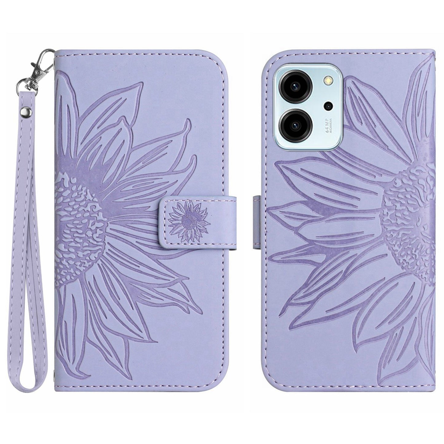For Honor 80 SE 5G HT04 Sunflower Imprinted Flip Phone Case Skin-Touch PU Leather Stand Anti-scratch Cell Phone Wallet Cover with Hand Strap
