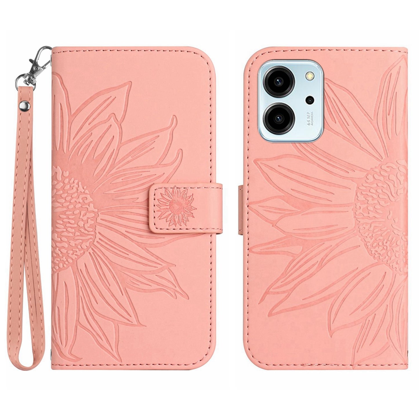 For Honor 80 SE 5G HT04 Sunflower Imprinted Flip Phone Case Skin-Touch PU Leather Stand Anti-scratch Cell Phone Wallet Cover with Hand Strap