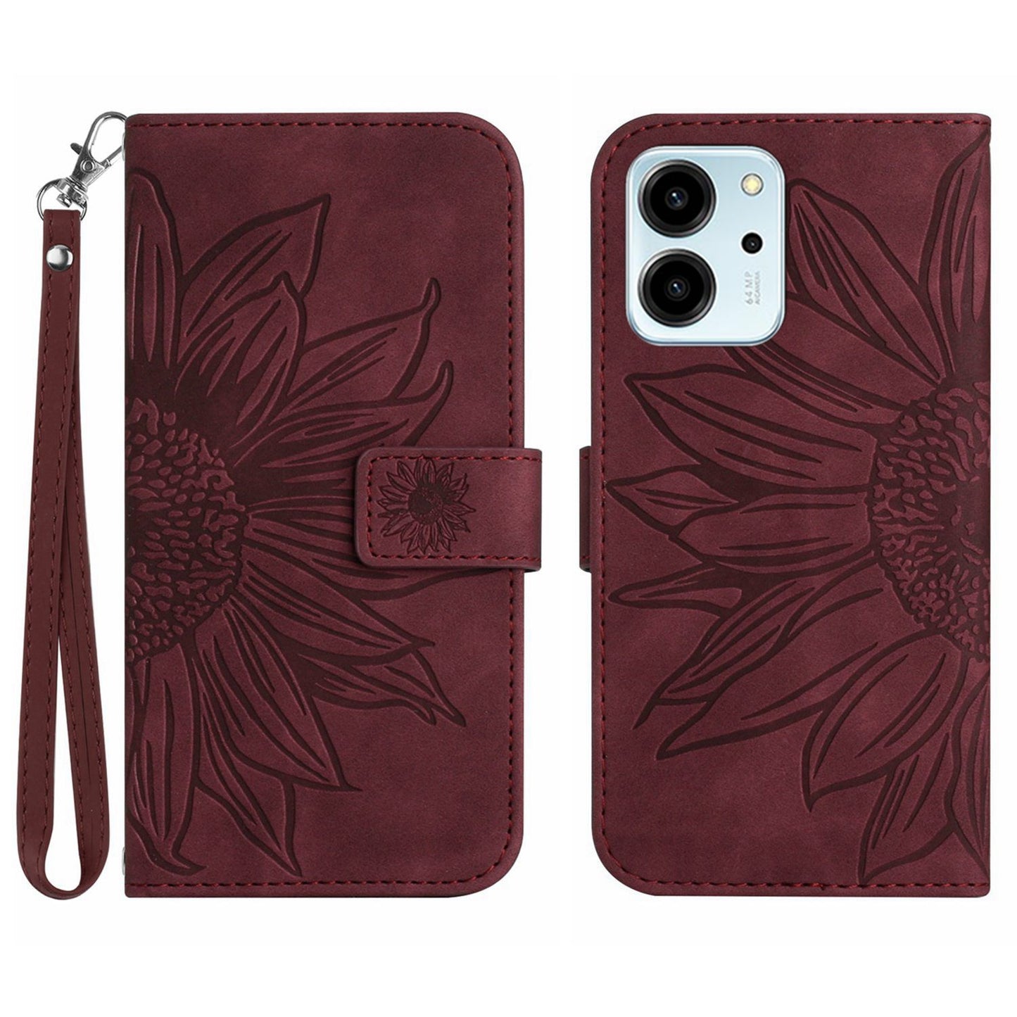 For Honor 80 SE 5G HT04 Sunflower Imprinted Flip Phone Case Skin-Touch PU Leather Stand Anti-scratch Cell Phone Wallet Cover with Hand Strap
