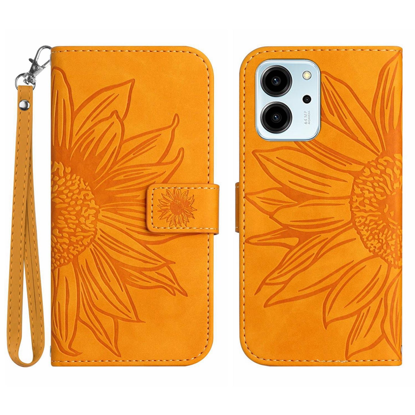 For Honor 80 SE 5G HT04 Sunflower Imprinted Flip Phone Case Skin-Touch PU Leather Stand Anti-scratch Cell Phone Wallet Cover with Hand Strap