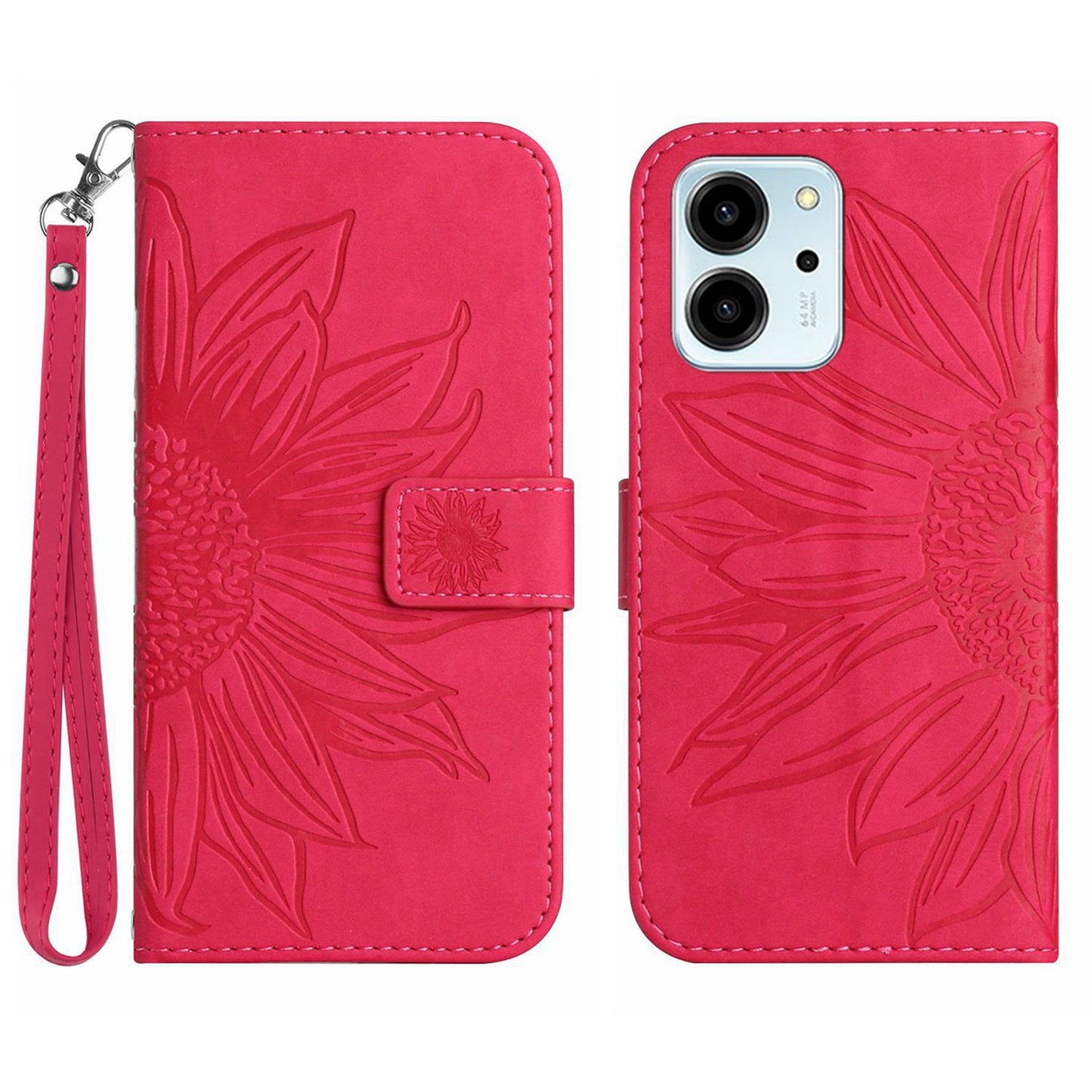 For Honor 80 SE 5G HT04 Sunflower Imprinted Flip Phone Case Skin-Touch PU Leather Stand Anti-scratch Cell Phone Wallet Cover with Hand Strap