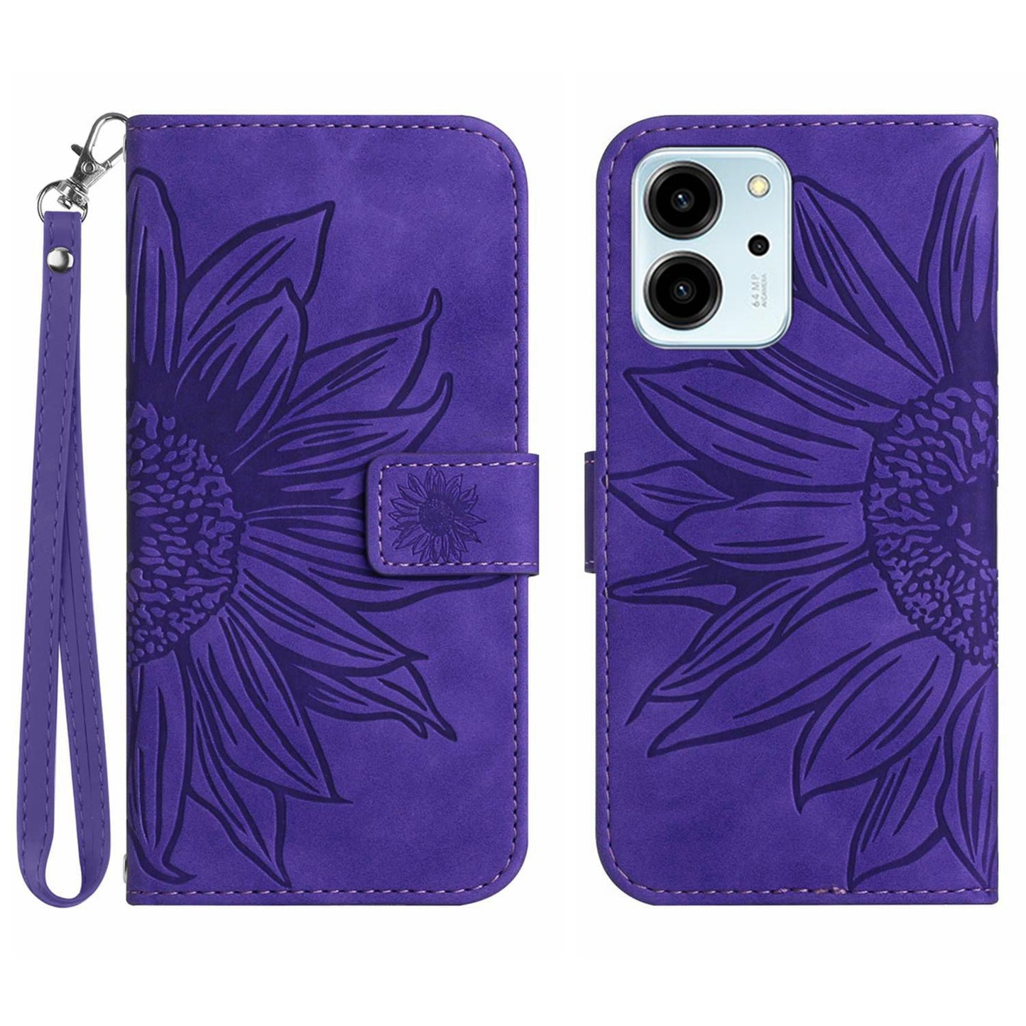 For Honor 80 SE 5G HT04 Sunflower Imprinted Flip Phone Case Skin-Touch PU Leather Stand Anti-scratch Cell Phone Wallet Cover with Hand Strap