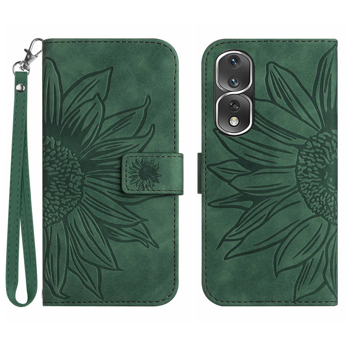 For Honor 80 Pro 5G HT04 Sunflower Imprinted Drop-proof Phone Wallet Case Stand Skin-Touch Feeling PU Leather Phone Cover with Hand Strap