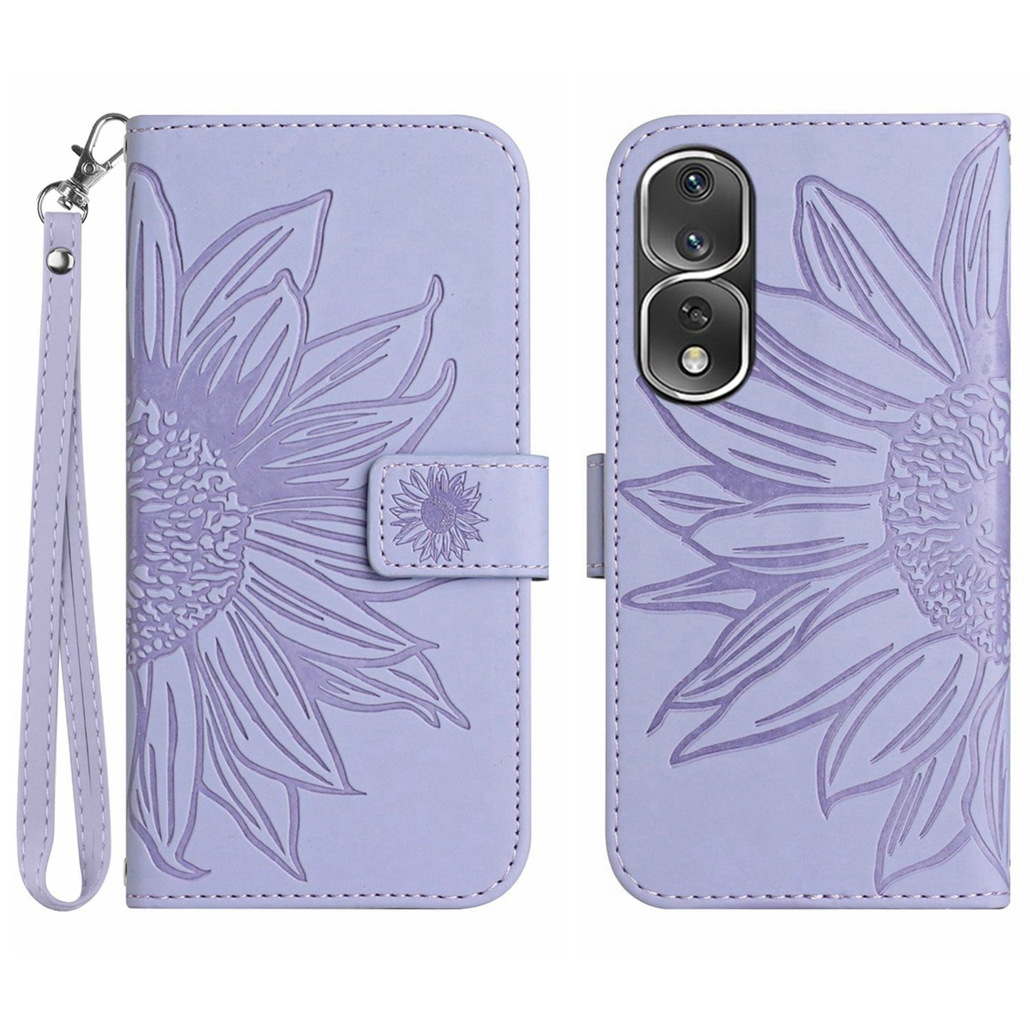 For Honor 80 Pro 5G HT04 Sunflower Imprinted Drop-proof Phone Wallet Case Stand Skin-Touch Feeling PU Leather Phone Cover with Hand Strap