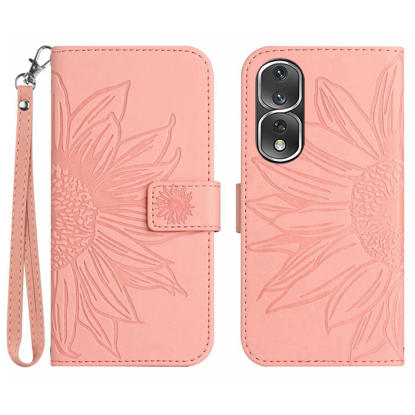 For Honor 80 Pro 5G HT04 Sunflower Imprinted Drop-proof Phone Wallet Case Stand Skin-Touch Feeling PU Leather Phone Cover with Hand Strap