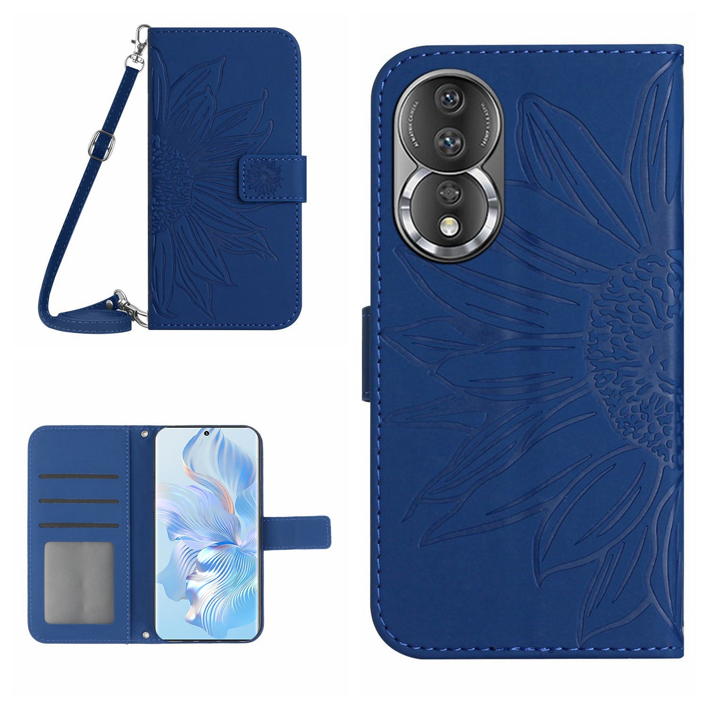For Honor 80 5G HT04 Protective Flip Phone Wallet Cover PU Leather Sunflower Imprinted Stand Skin-touch Feeling Phone Case with Shoulder Strap