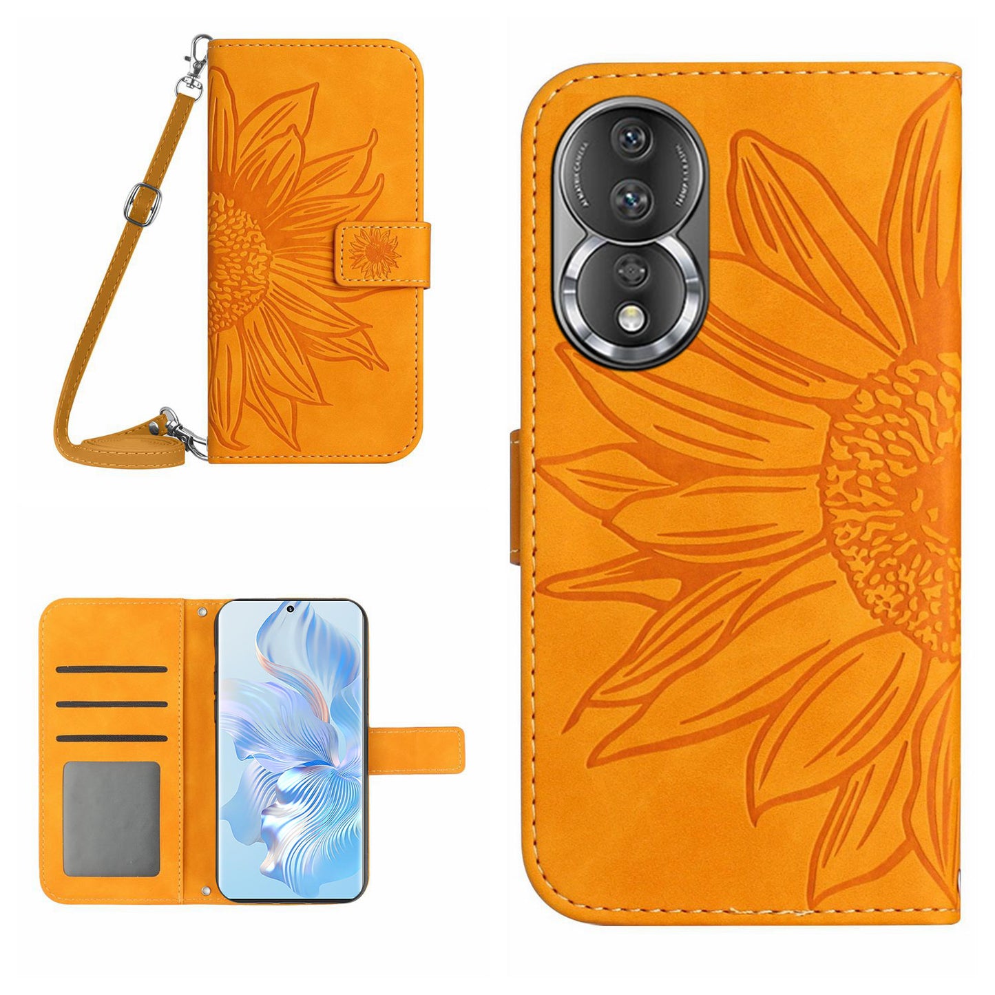 For Honor 80 5G HT04 Protective Flip Phone Wallet Cover PU Leather Sunflower Imprinted Stand Skin-touch Feeling Phone Case with Shoulder Strap