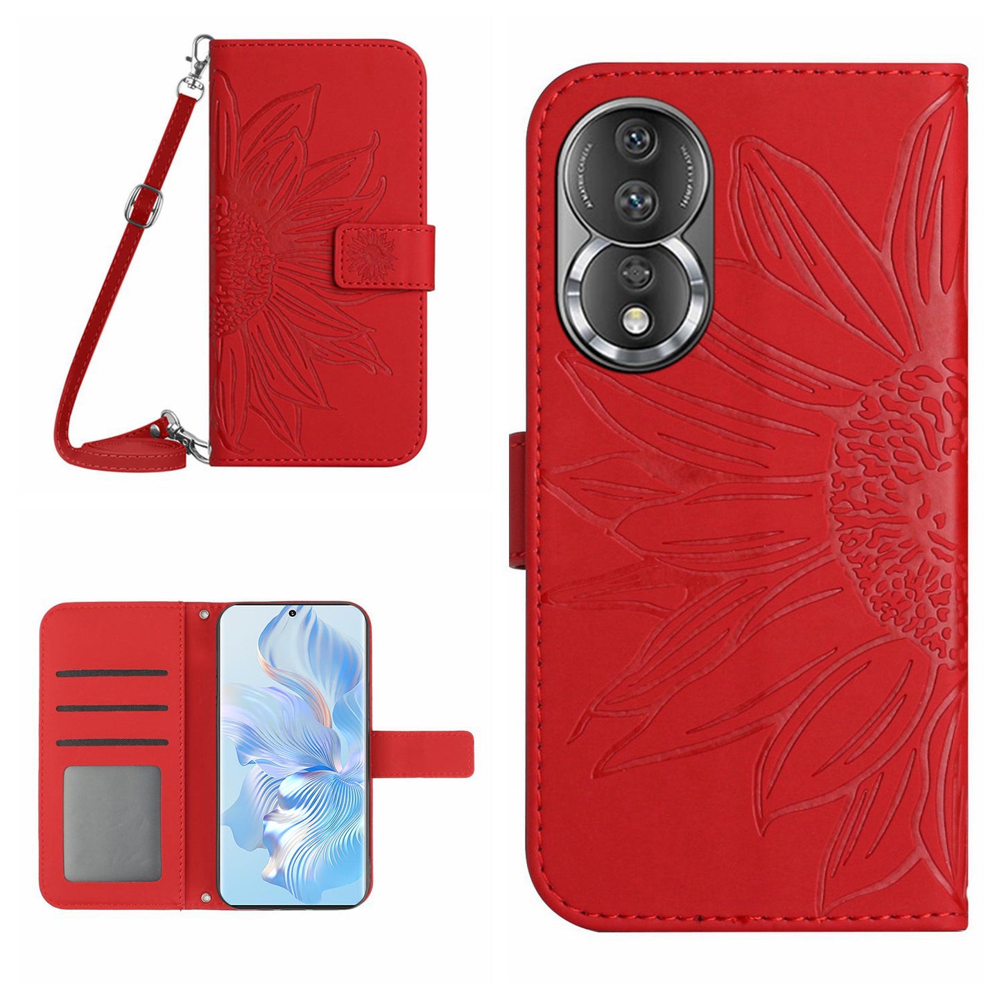 For Honor 80 5G HT04 Protective Flip Phone Wallet Cover PU Leather Sunflower Imprinted Stand Skin-touch Feeling Phone Case with Shoulder Strap