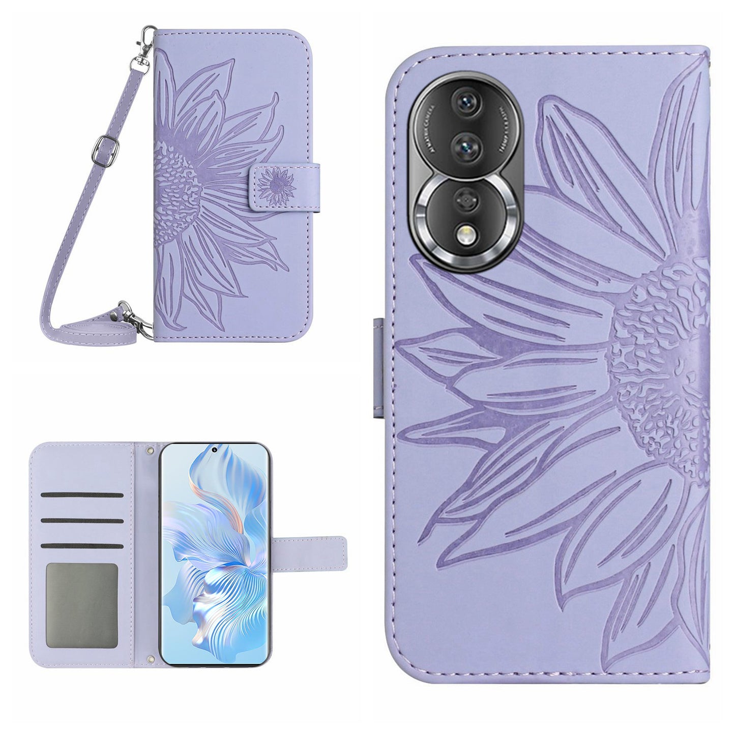 For Honor 80 5G HT04 Protective Flip Phone Wallet Cover PU Leather Sunflower Imprinted Stand Skin-touch Feeling Phone Case with Shoulder Strap