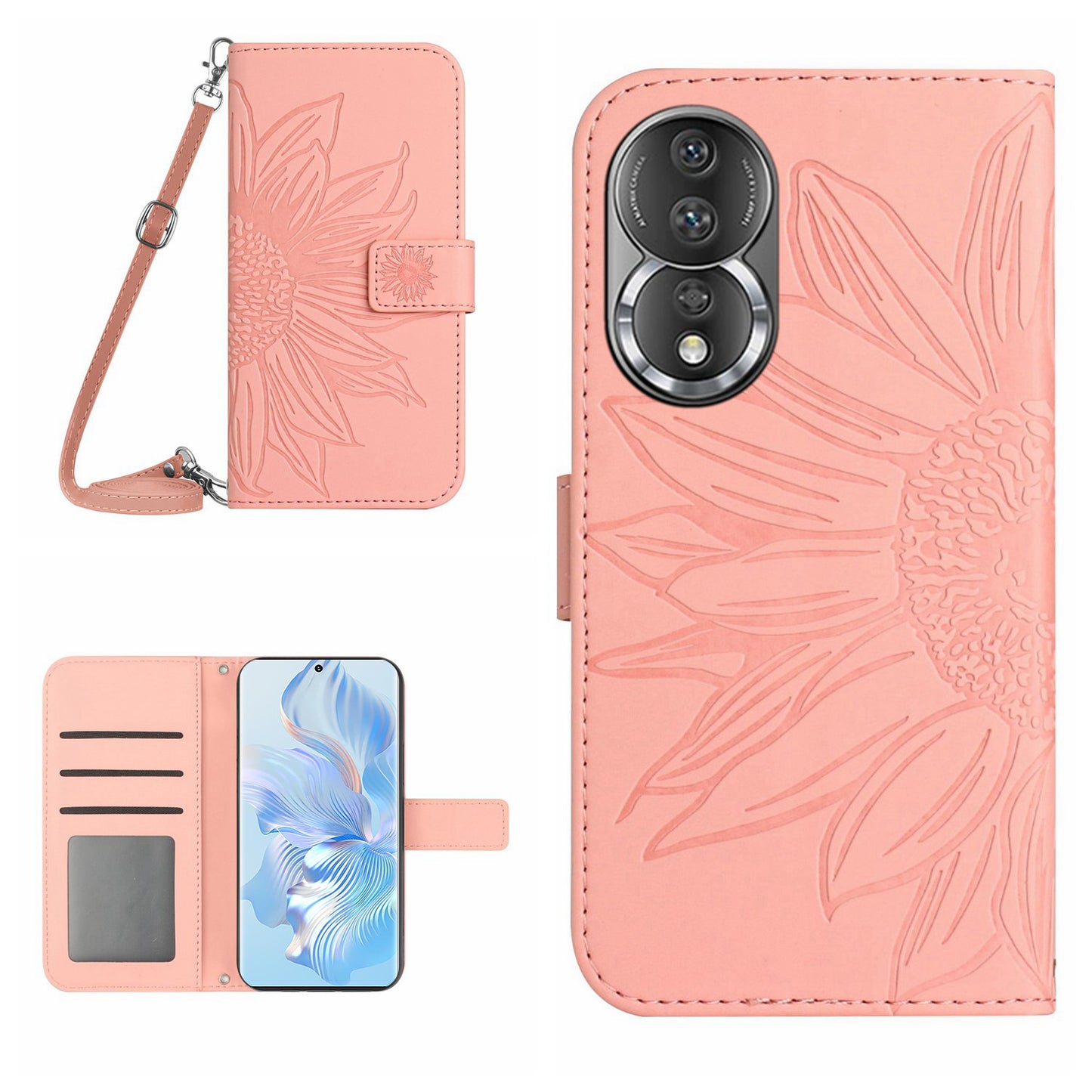 For Honor 80 5G HT04 Protective Flip Phone Wallet Cover PU Leather Sunflower Imprinted Stand Skin-touch Feeling Phone Case with Shoulder Strap