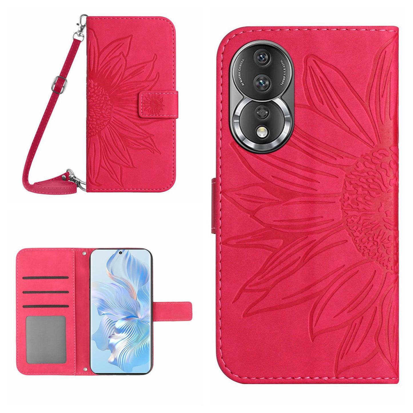 For Honor 80 5G HT04 Protective Flip Phone Wallet Cover PU Leather Sunflower Imprinted Stand Skin-touch Feeling Phone Case with Shoulder Strap