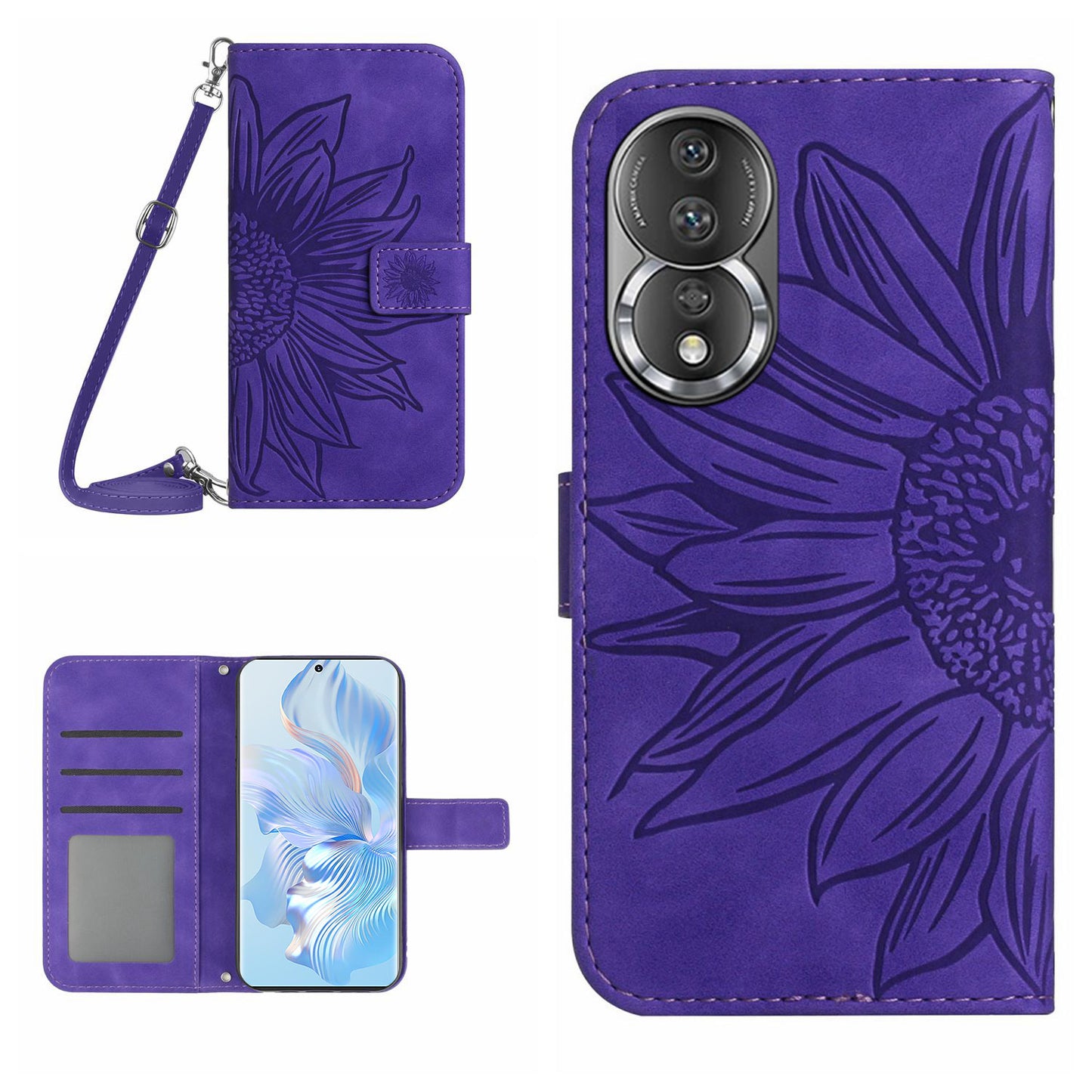 For Honor 80 5G HT04 Protective Flip Phone Wallet Cover PU Leather Sunflower Imprinted Stand Skin-touch Feeling Phone Case with Shoulder Strap