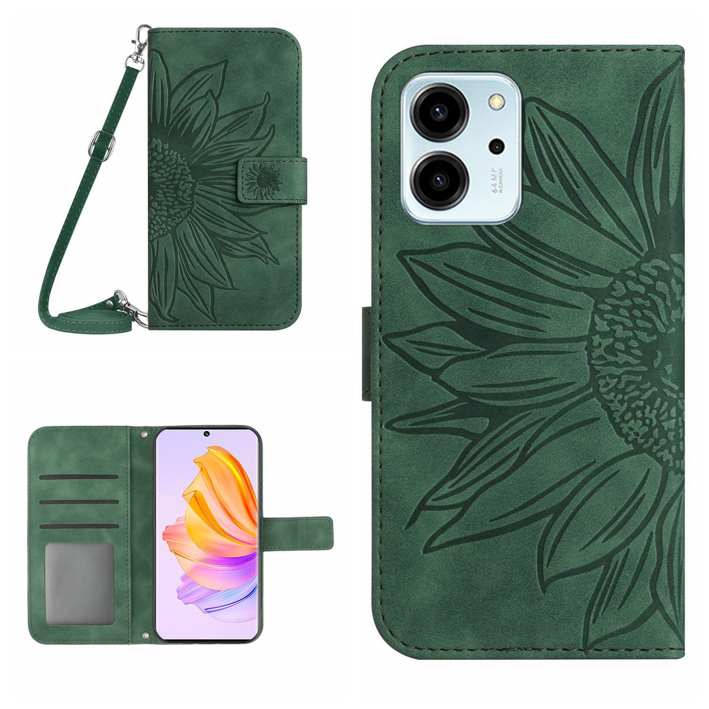 For Honor 80 SE 5G HT04 Phone Cover PU Leather Sunflower Imprinted Viewing Stand Wallet Skin-touch Feeling Phone Case with Shoulder Strap