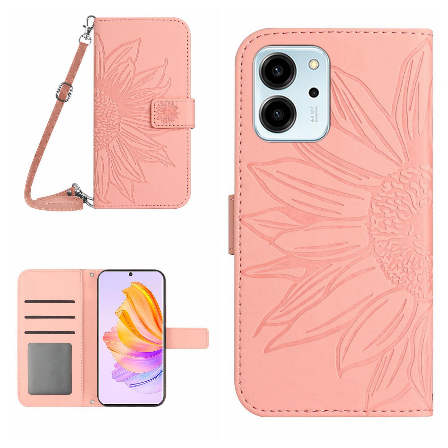 For Honor 80 SE 5G HT04 Phone Cover PU Leather Sunflower Imprinted Viewing Stand Wallet Skin-touch Feeling Phone Case with Shoulder Strap
