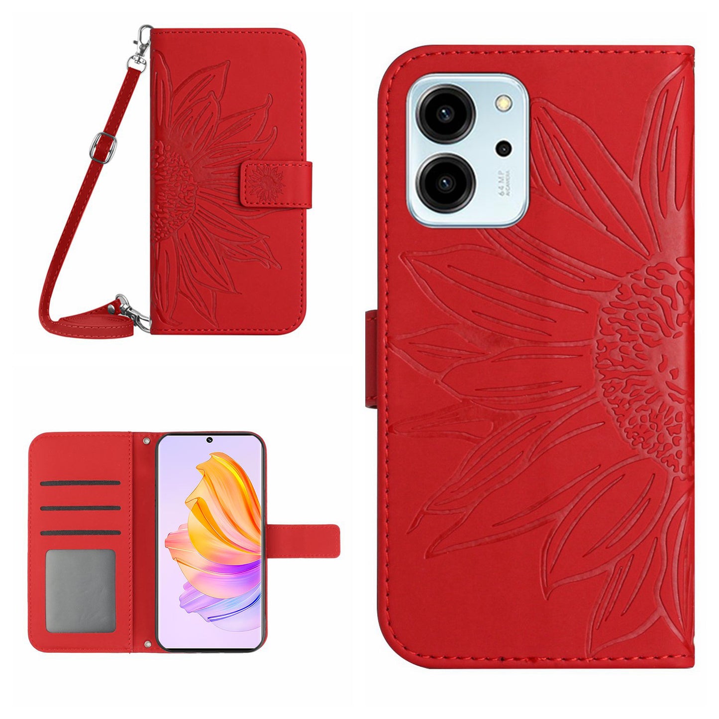 For Honor 80 SE 5G HT04 Phone Cover PU Leather Sunflower Imprinted Viewing Stand Wallet Skin-touch Feeling Phone Case with Shoulder Strap