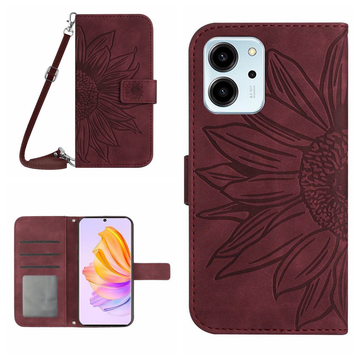 For Honor 80 SE 5G HT04 Phone Cover PU Leather Sunflower Imprinted Viewing Stand Wallet Skin-touch Feeling Phone Case with Shoulder Strap