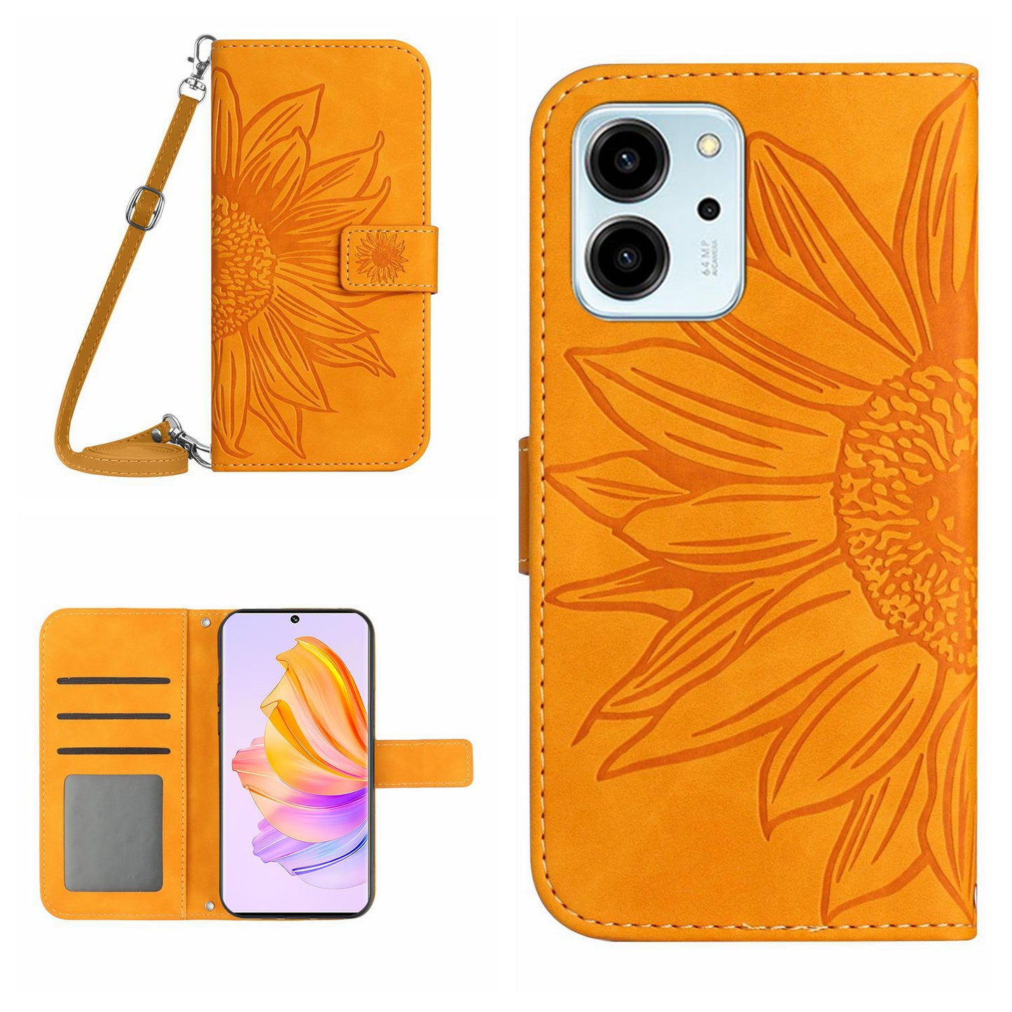 For Honor 80 SE 5G HT04 Phone Cover PU Leather Sunflower Imprinted Viewing Stand Wallet Skin-touch Feeling Phone Case with Shoulder Strap