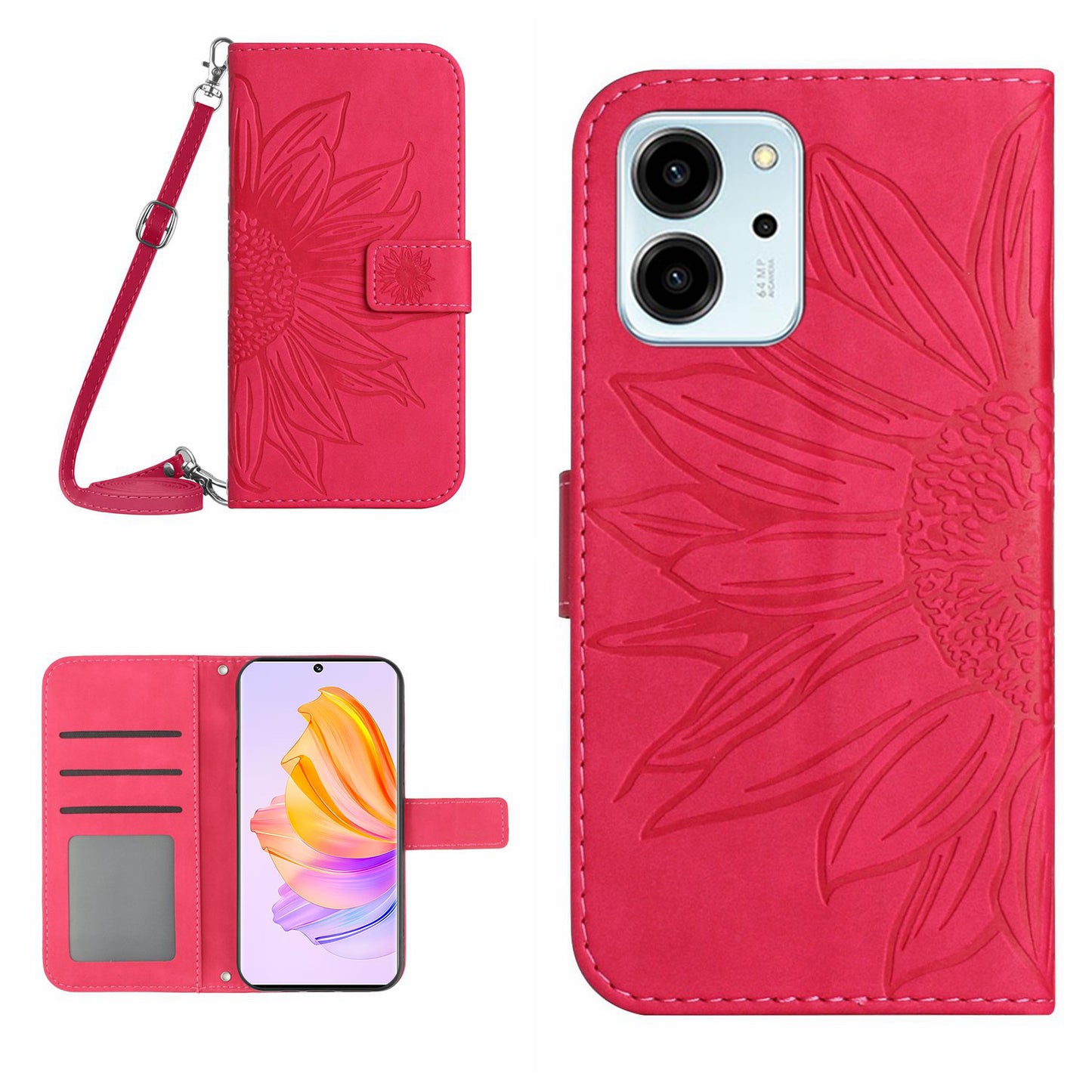 For Honor 80 SE 5G HT04 Phone Cover PU Leather Sunflower Imprinted Viewing Stand Wallet Skin-touch Feeling Phone Case with Shoulder Strap