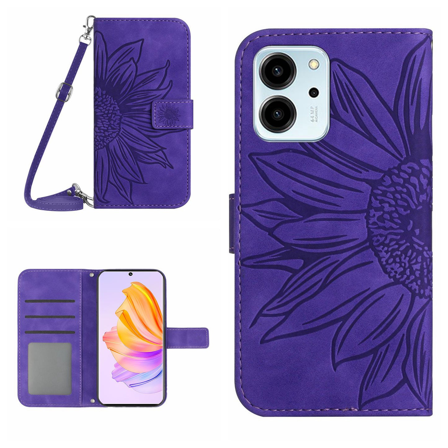 For Honor 80 SE 5G HT04 Phone Cover PU Leather Sunflower Imprinted Viewing Stand Wallet Skin-touch Feeling Phone Case with Shoulder Strap