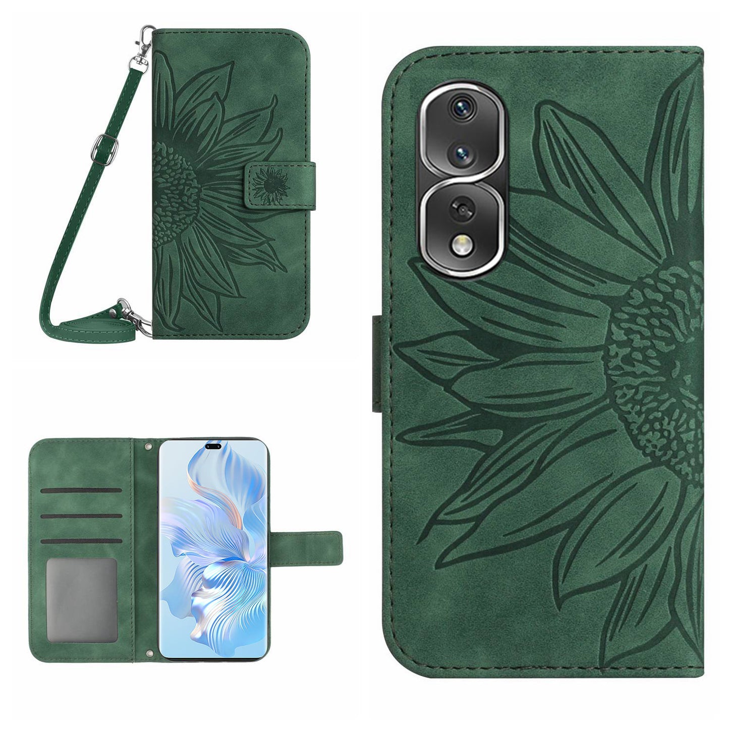 For Honor 80 Pro 5G HT04 Phone Cover PU Leather Sunflower Imprinted Adjustable Stand Wallet Skin-touch Feeling Phone Case with Shoulder Strap