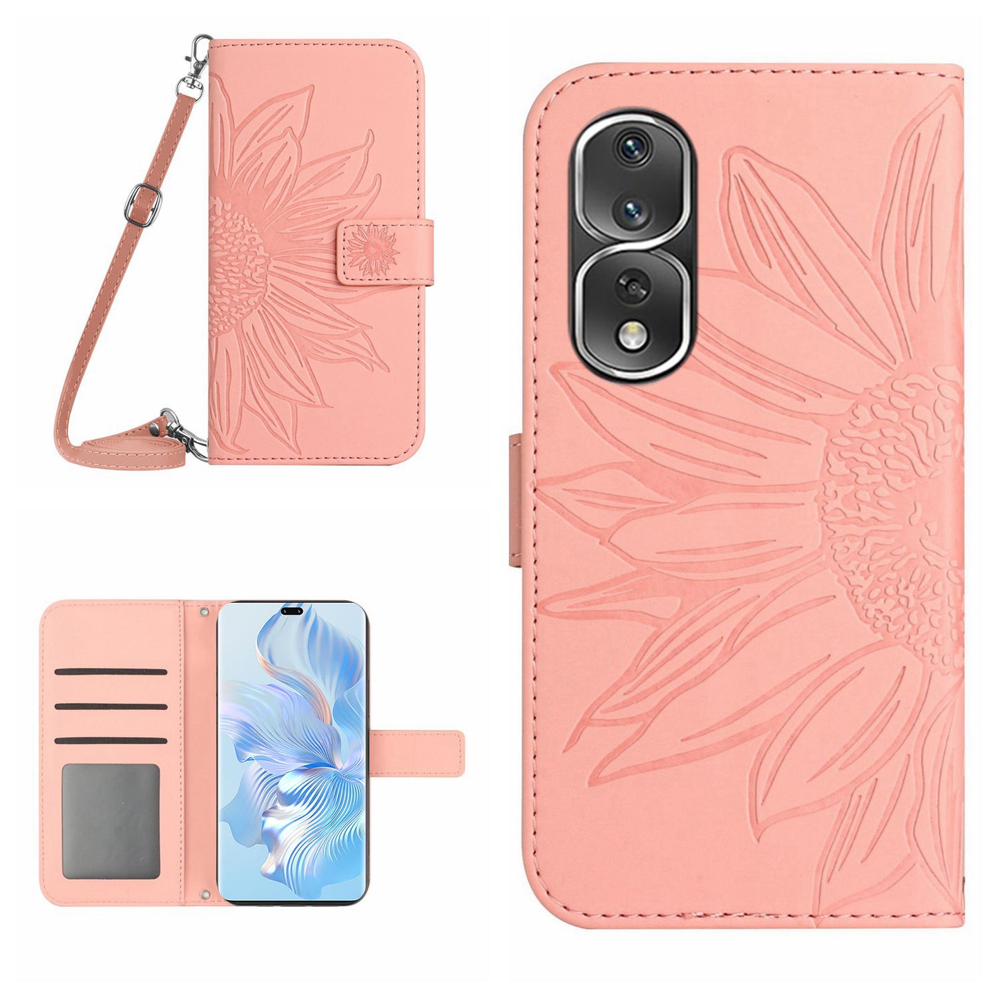 For Honor 80 Pro 5G HT04 Phone Cover PU Leather Sunflower Imprinted Adjustable Stand Wallet Skin-touch Feeling Phone Case with Shoulder Strap