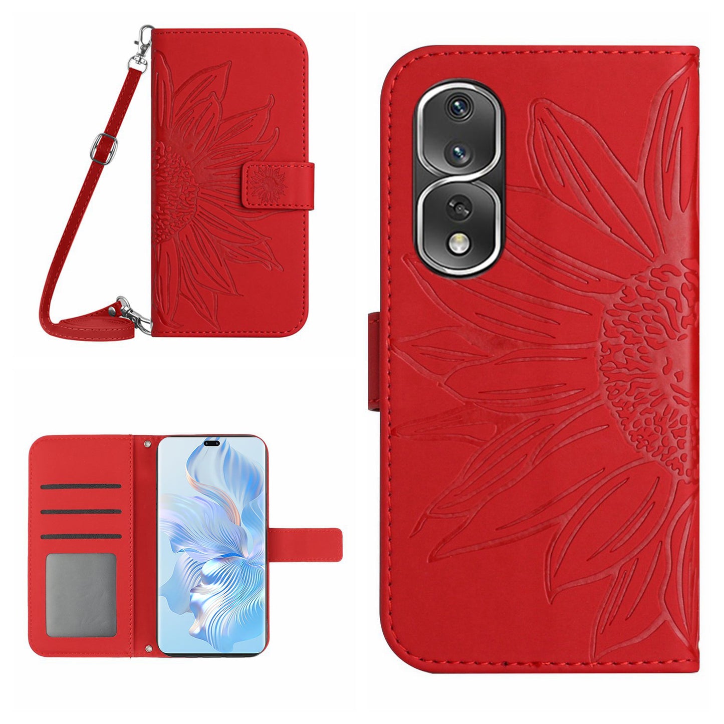 For Honor 80 Pro 5G HT04 Phone Cover PU Leather Sunflower Imprinted Adjustable Stand Wallet Skin-touch Feeling Phone Case with Shoulder Strap