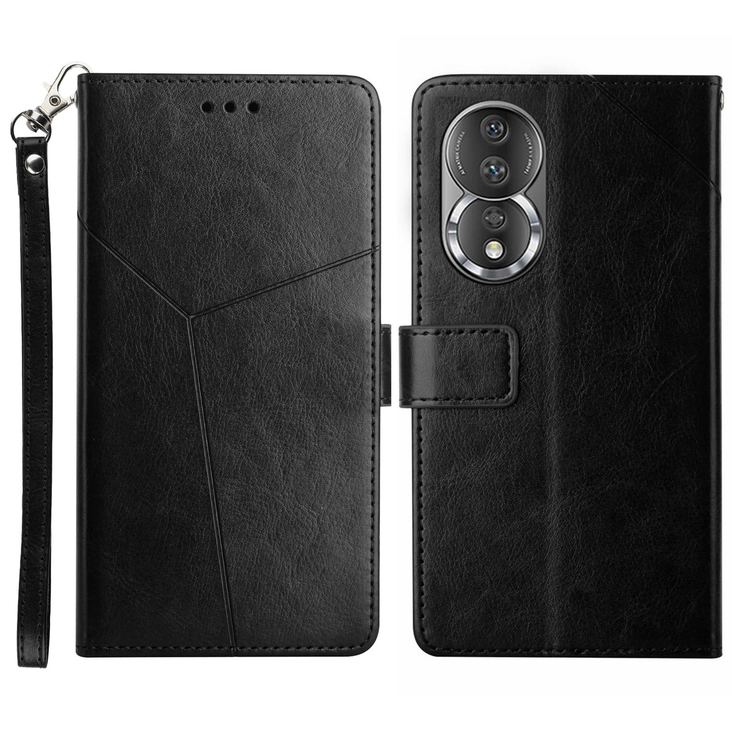 HT01 PU Leather Flip Phone Cover for Honor 80 5G, Imprinted Y-Shaped Lines Phone Case Wallet Foldable Stand Shell with Strap